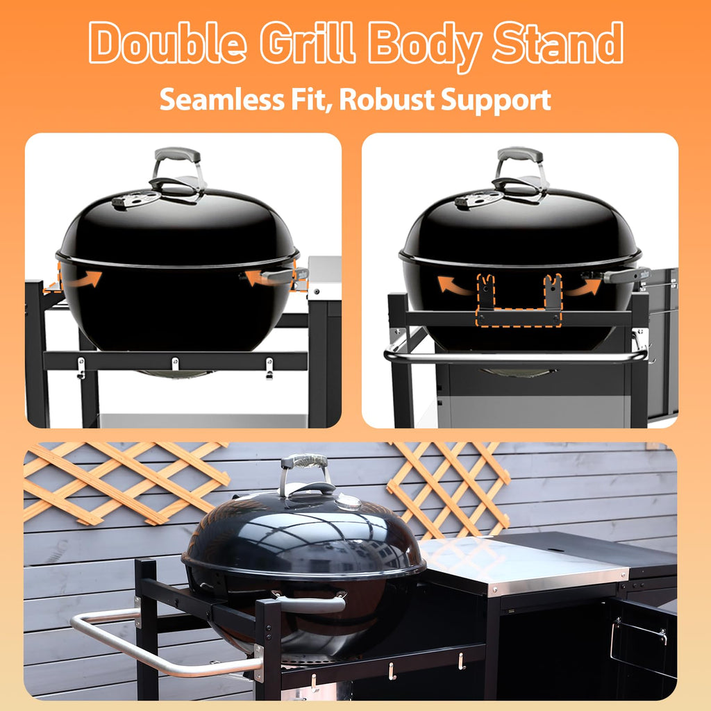 Utheer Grill Table Cart for Weber Kettle 22" Charcoal Grill, Big Green Egg, AKORN Jr – Oversized 47.7"x32.2" Surface (30% Larger) with 3-Level Adjustable Shelf, Storage Cabinet, Hooks & Towel Holder