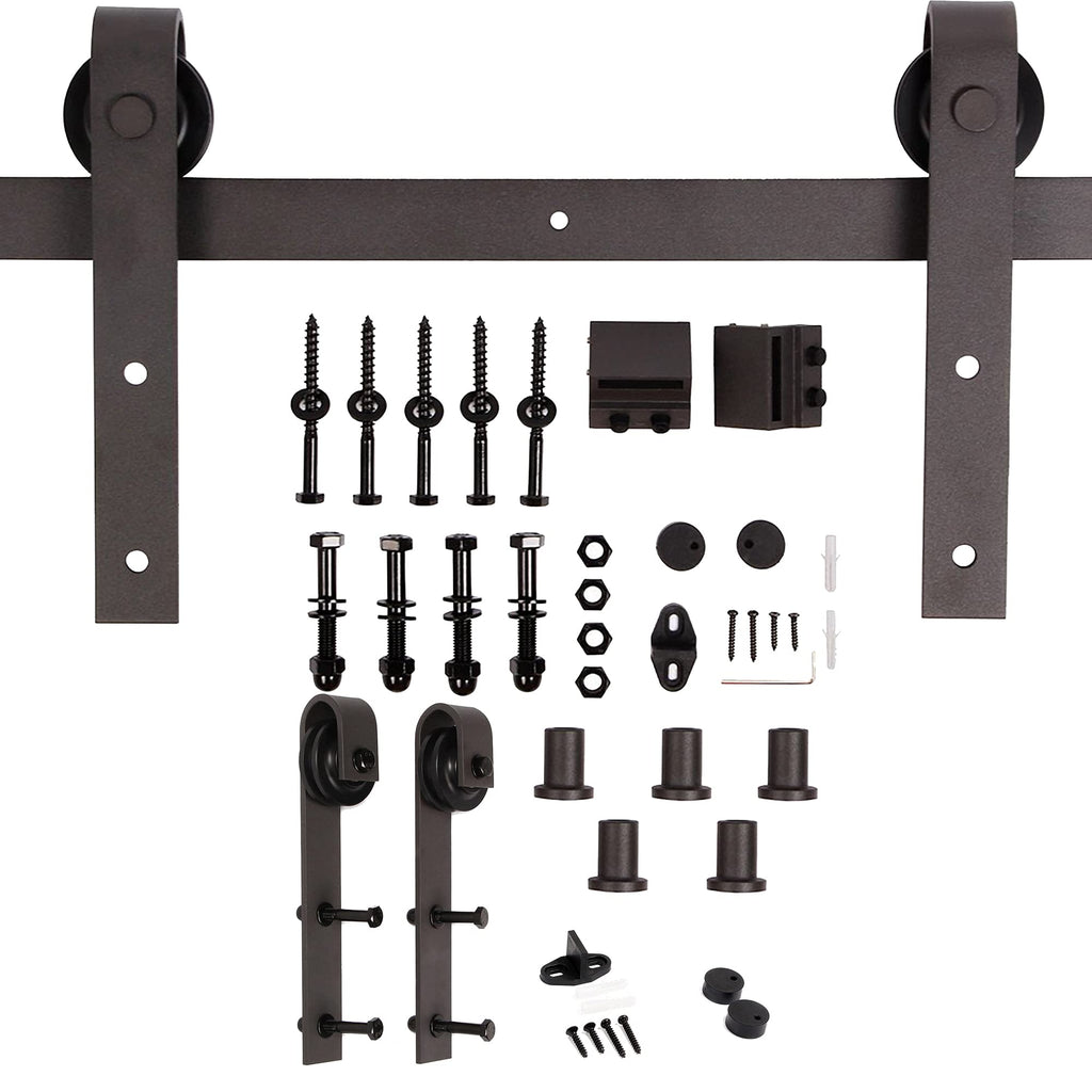 K Series 72in x 84in (36in x 84in x 2 Panels) Brown/Walnut Finished Solid Wood Double Sliding Barn Door with Hardware Track - Assembly Needed