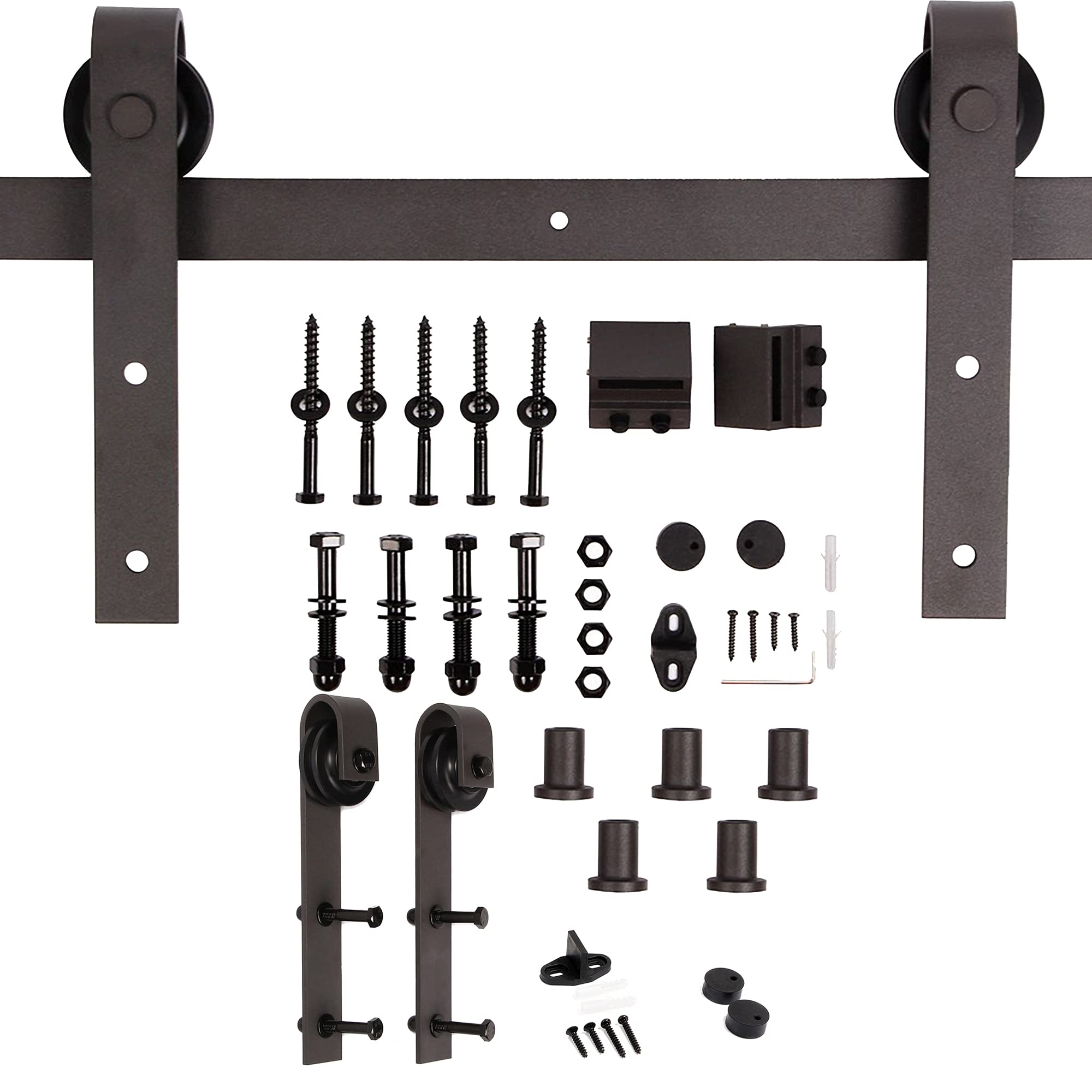 K Series 72in x 84in (36in x 84in x 2 Panels) Brown/Walnut Finished Solid Wood Double Sliding Barn Door with Hardware Track - Assembly Needed