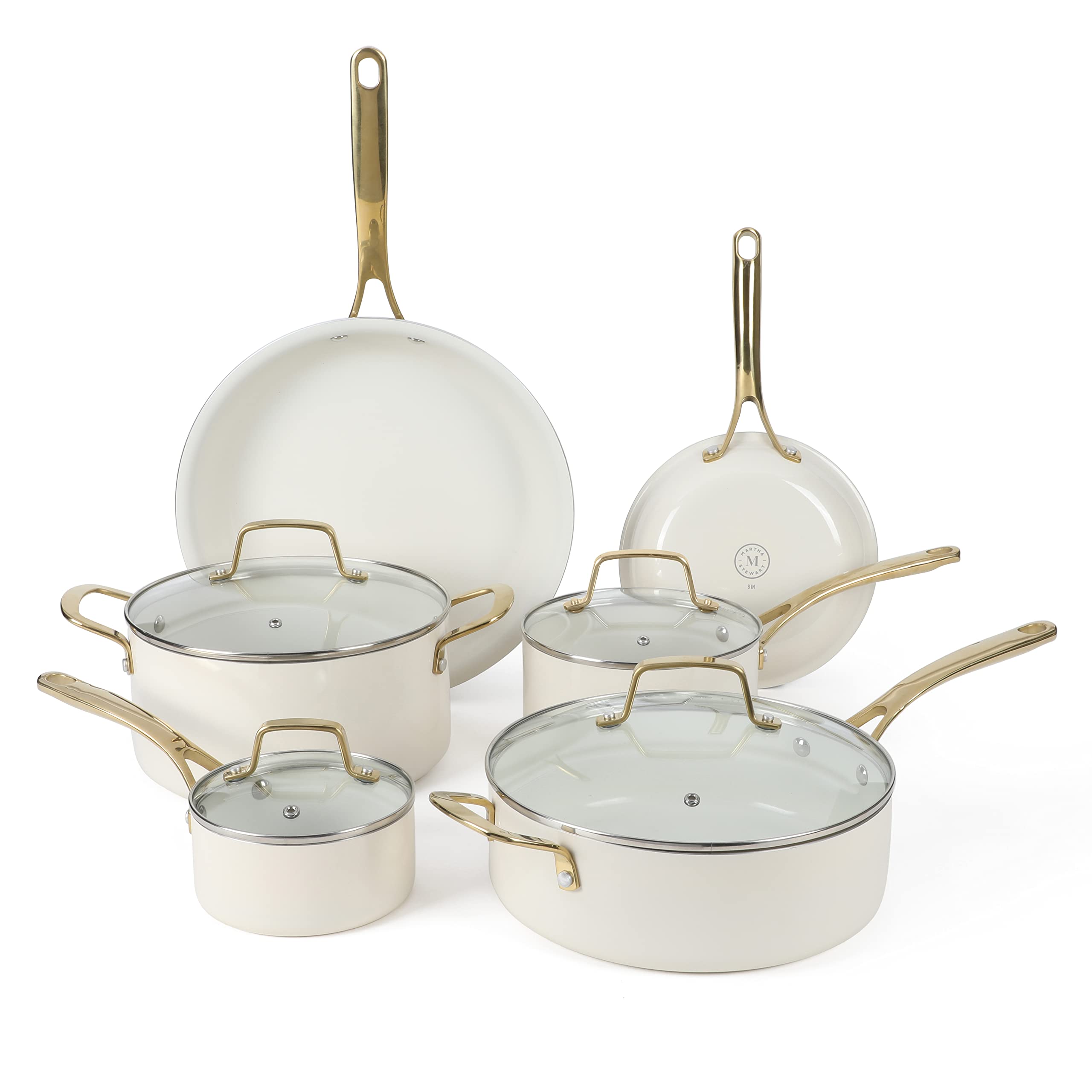 Martha Stewart Lockton Premium Nonstick PFA Free Ceramic Interior 10 Piece Heavy Gauge Enamel Aluminum Pots and Pans Cookware Set - Linen White w/Gold Handle & Gatwick 7 QT Enamel Cast Iron Dutch Oven