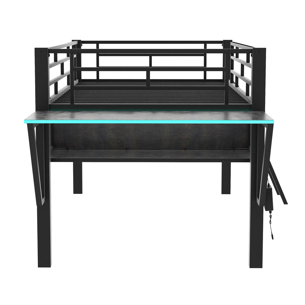 Merax Mid Loft Bed Twin Size with Desk, Metal Gaming Loft Bed with LED Light, for Teens & Adults, Black