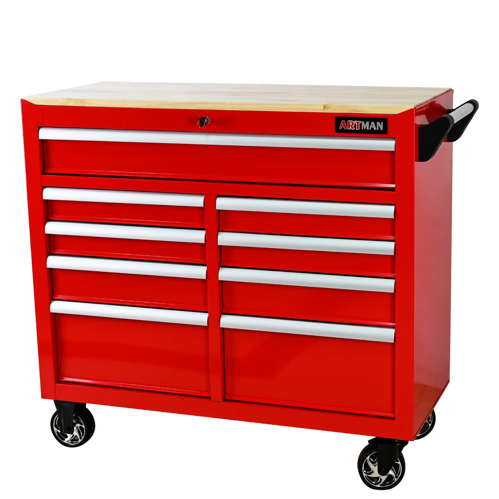 KEIKI 9 Drawer Rolling Tool Cart with Wooden Top, Metal Tool Cabinet with Wheels and Handle, Heavy Duty Storage Organizer for Garage Workshop (Red)