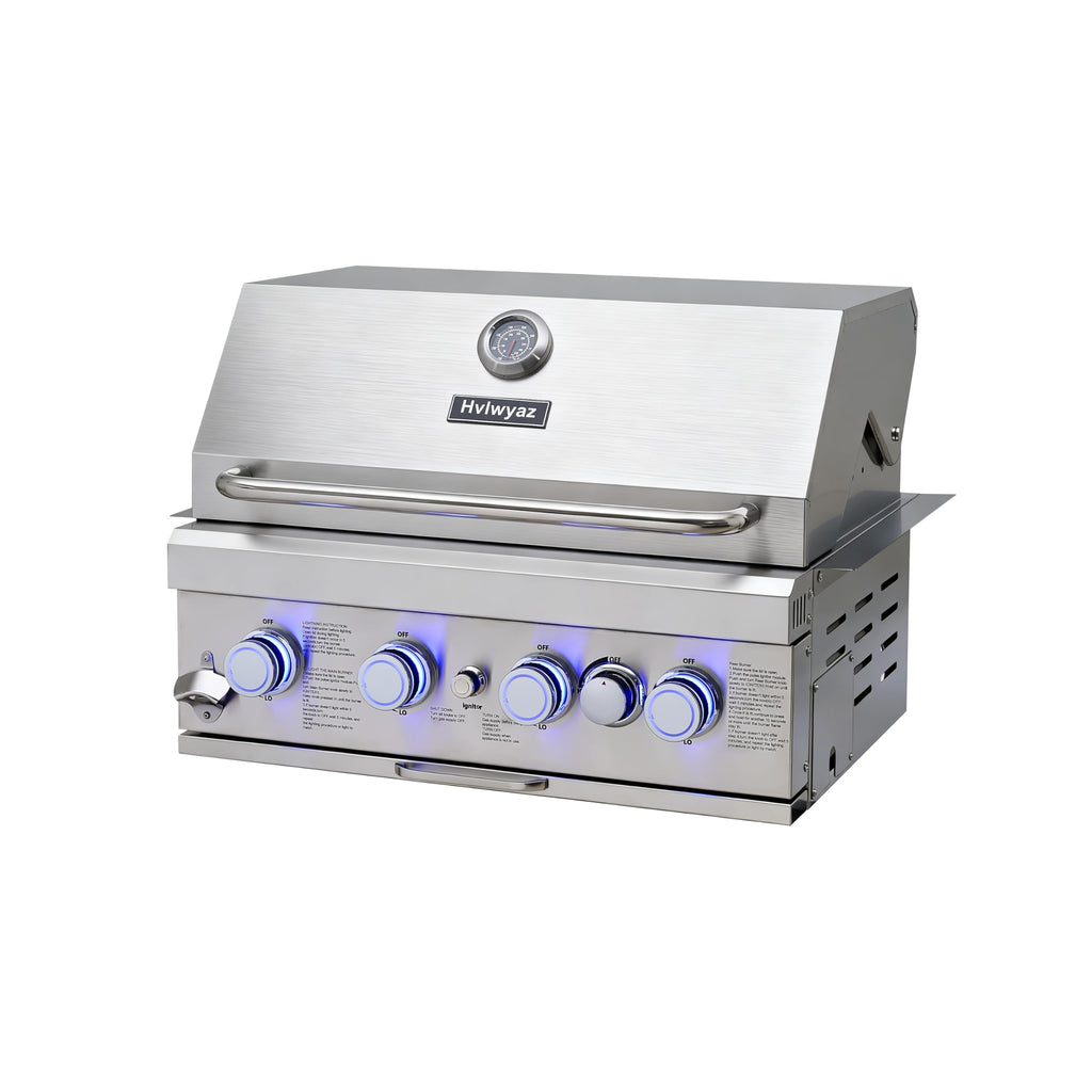 28-inch Built In Gas Grill Outdoor, 4Burner Propane Grill with Rear Burner 48,000BTU, Built-in BBQ Grill Stainless Steel, Charcoal and Propane Gas Dual Fuel, with Rain Cover for Outdoor Kitchen Island