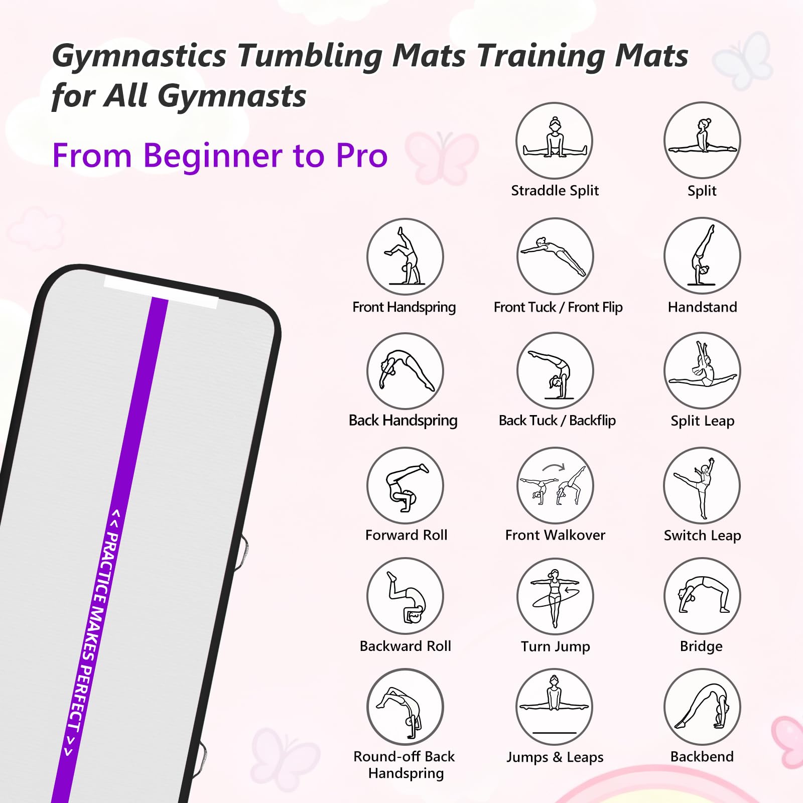 16 ft VOFiTNY Inflatable Gym Mats 4'' Thick Air Mat Tumble Track for home/gymnastics/cheer/tumbling