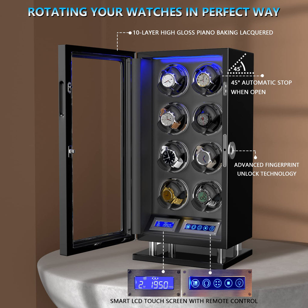 DUKWIN Watch Winder, Fingerprint Lock Watch Winders for 8 with LCD Touch Screen, Remote Control, Super Quiet Motor, Blue LED Light and Adjustable Watch Pillows for Universal Watches & Collector