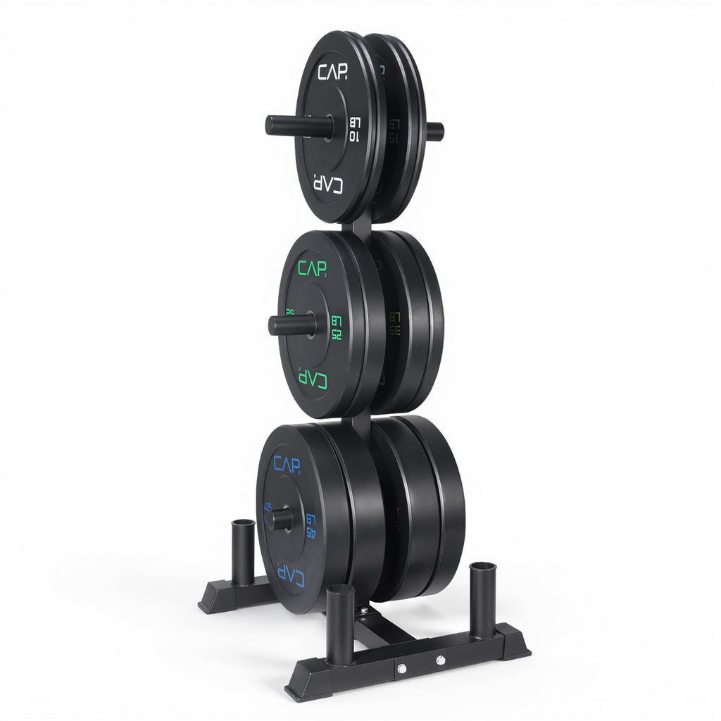 CAP Barbell 370 lb Economy Olympic Plate Set with Traditional Plate Rack & Barbell Storage | 6 Weight Posts + 4 Barbell Holders