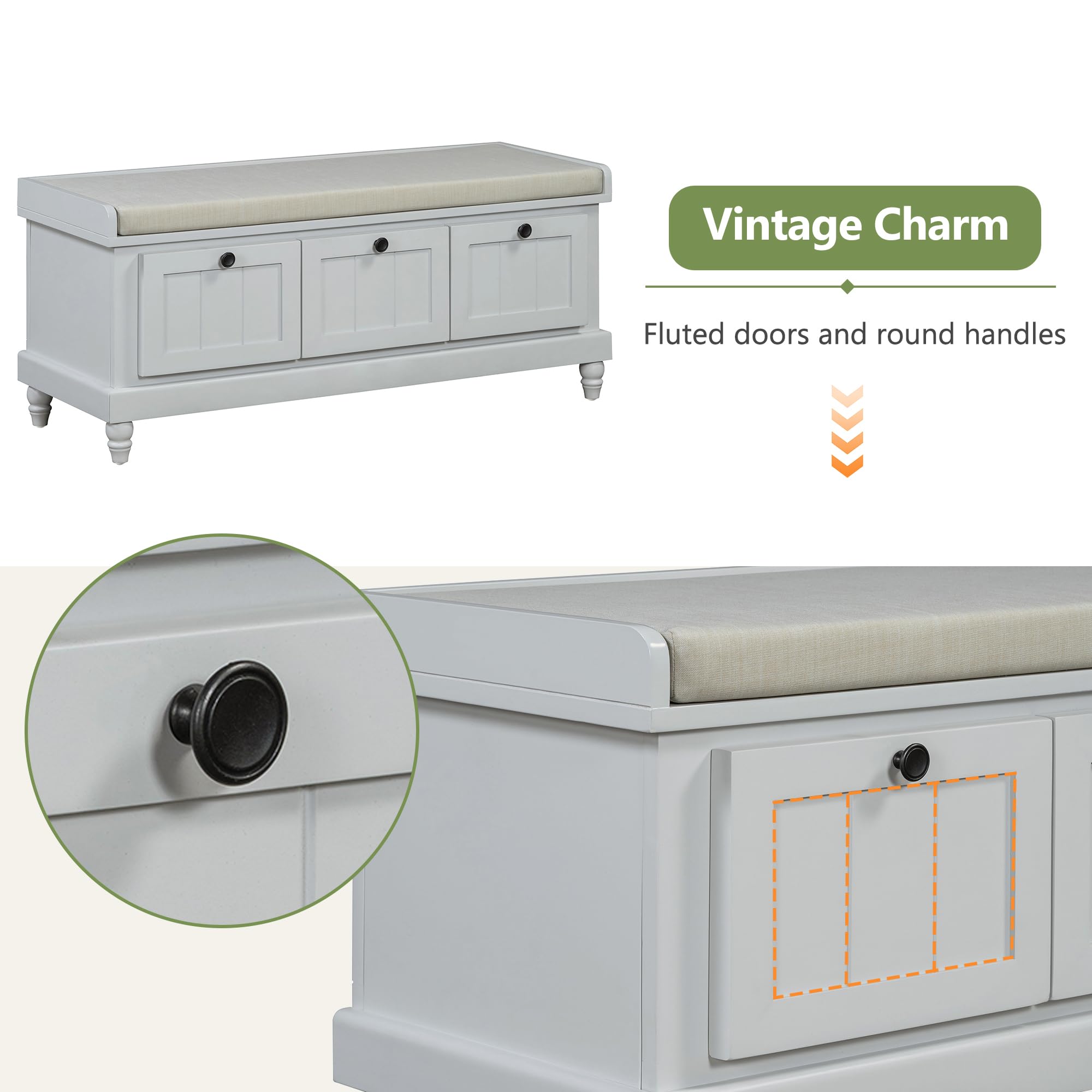 Merax Classic Storage Bench with Cushioned Seat and Three Drawers for Entryway & Living Room & Bedroom, Light Gray