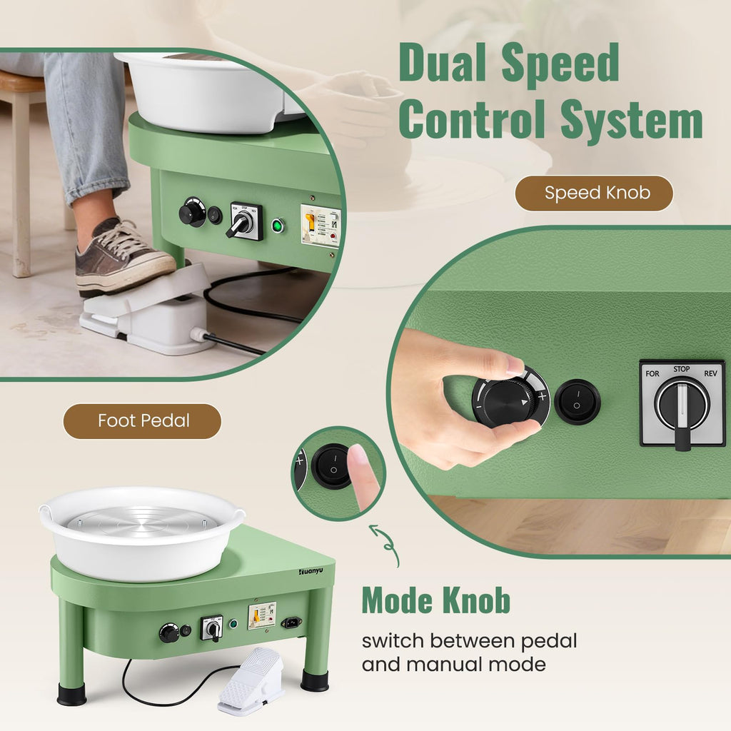 Huanyu Pottery Wheel Machine, 12-Inch Bat System Manual & Foot Pedal Control Electric Ceramic Wheel Forming Machine Art Clay DIY Sculpting Tool Kit (Green)