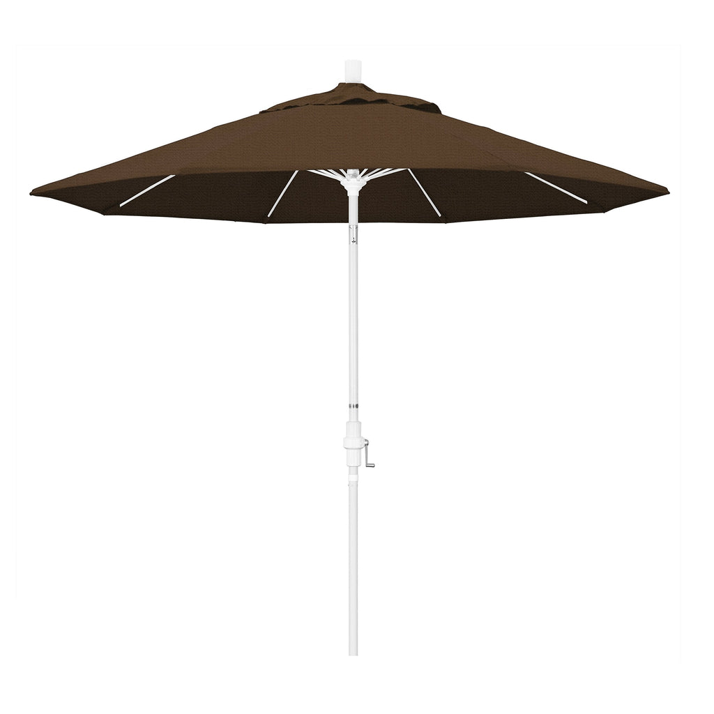 California Umbrella 9' Round Aluminum Pole Fiberglass Rib Market Umbrella, Crank Lift, Collar Tilt, White Pole, Teak Olefin