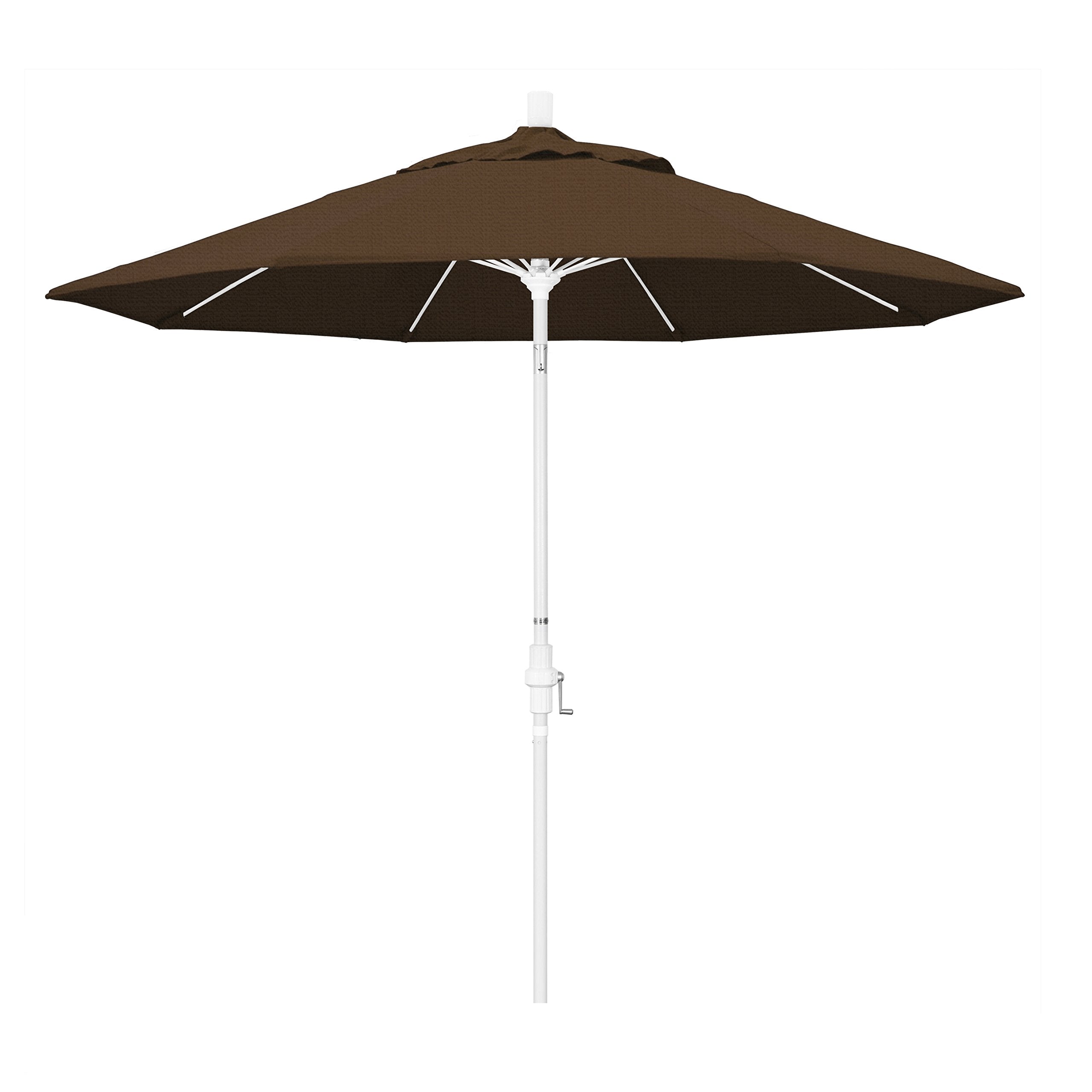 California Umbrella 9' Round Aluminum Pole Fiberglass Rib Market Umbrella, Crank Lift, Collar Tilt, White Pole, Teak Olefin