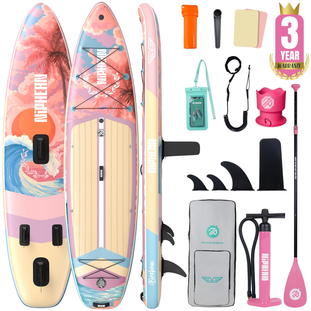 Niphean (Extra Large) Inflatable Paddle Board, SUP for 2+1 People/Family 500lbs Capacity Stand Up Paddle Board with SUP Accessories, StabilTrac Fin Non-Slip Paddleboard for Adults-Cheery