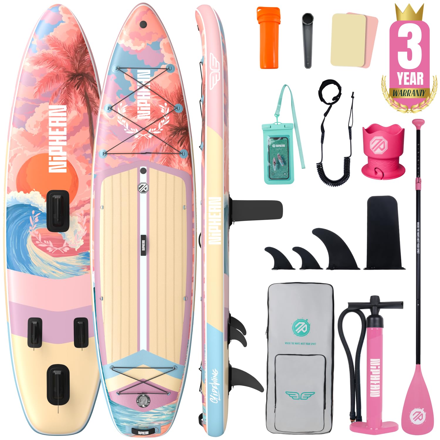 Niphean (Extra Large) Inflatable Paddle Board, SUP for 2+1 People/Family 500lbs Capacity Stand Up Paddle Board with SUP Accessories, StabilTrac Fin Non-Slip Paddleboard for Adults-Cheery