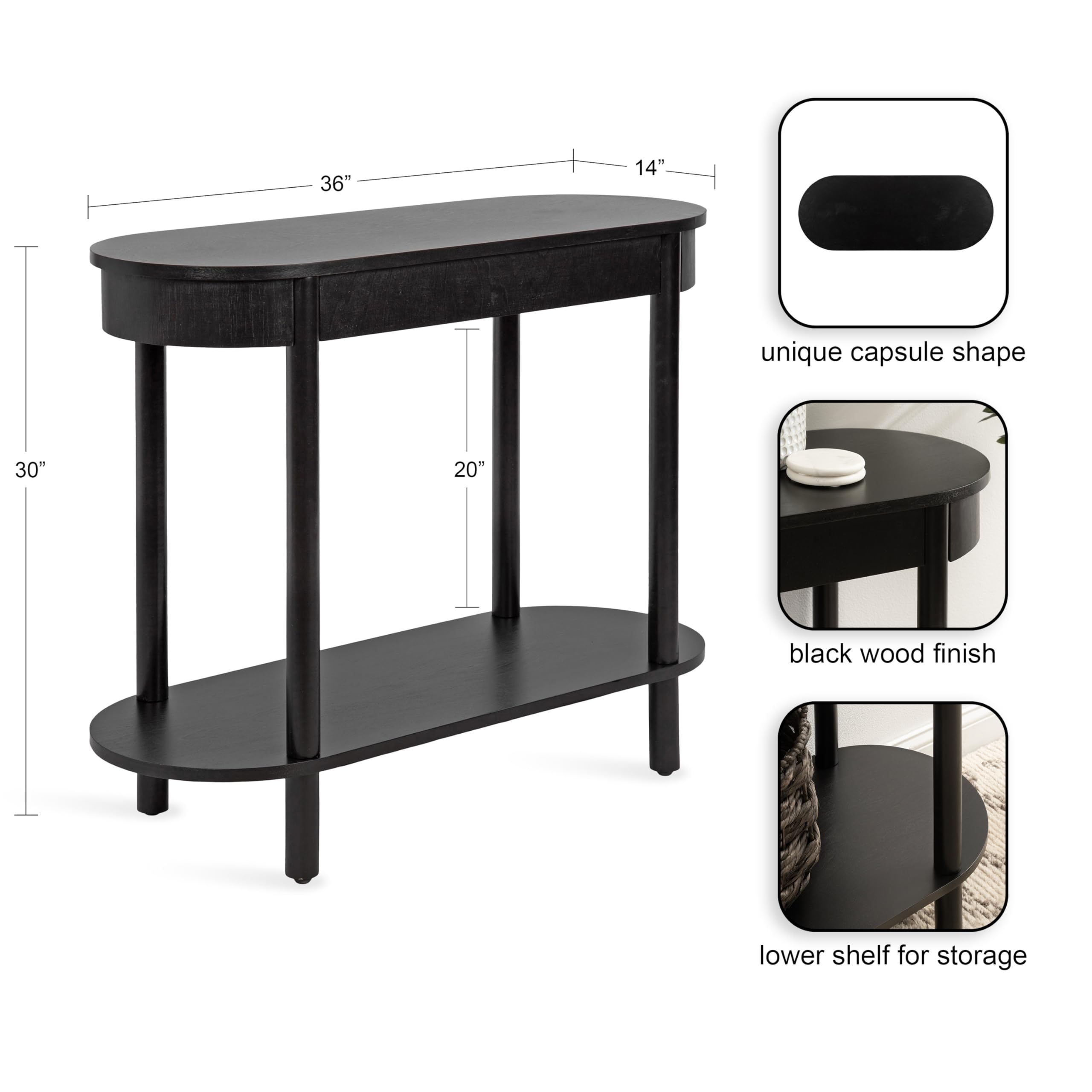 Kate and Laurel Koji Modern Tiered Rectangular Console Table; 36 x 14 x 30; Black; Transitional Two-Tier Wood Capsule Entryway Table with Storage for Use as Living Room Behind Couch Decor