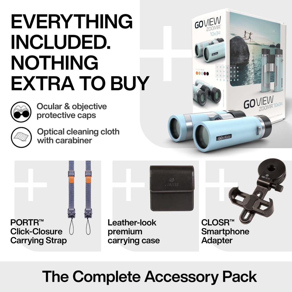 GOVIEW ZOOMR 10x34 Binoculars for Adults | Lightweight | BAK4 Prism with Fully Multi-Coated Optics | Smartphone Adapter Compatible | Waterproof IPX5/6 PORTR™ Strap with Easy Click Closure - Miami Blue