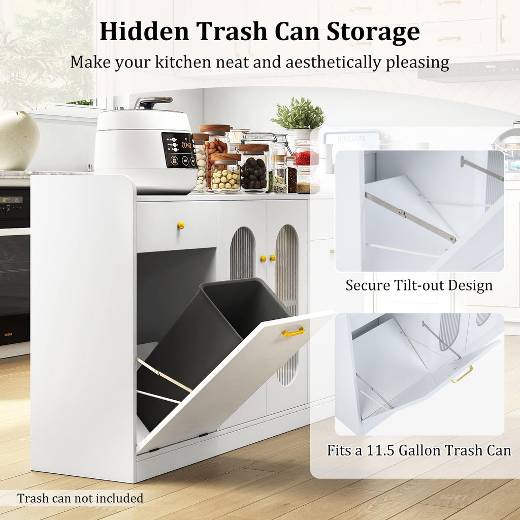 Giantex 55" Farmhouse Buffet Cabinet, Large Credenza w/Hidden Tilt Out Trash Can, 2 Glass Doors, 2 Drawers & Adjustable Shelves, Modern Sideboard Coffee Bar Cabinet for Kitchen, Dining Room (White)