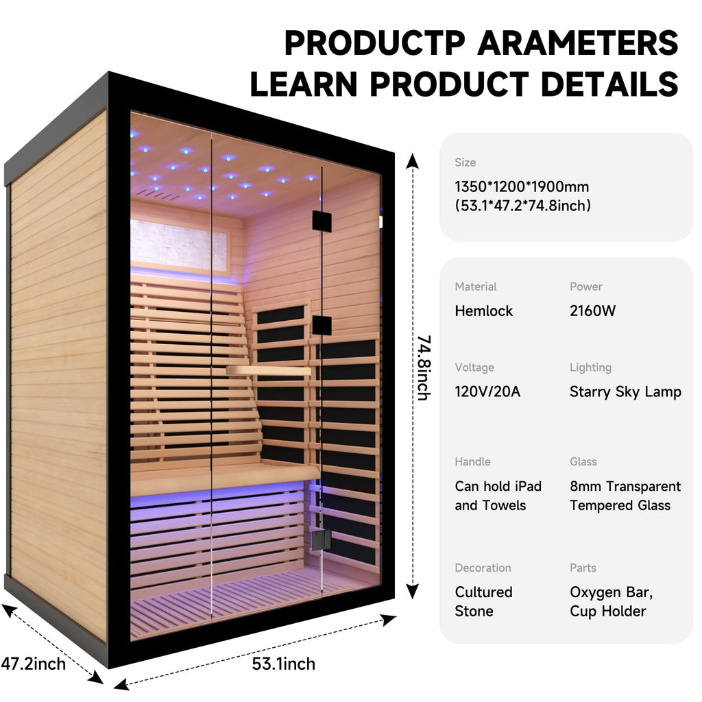 OUTEXER 2 Person Infrared Sauna Room Far Infrared Saunas Home Canadian Hemlock Indoor 2100W Low-EMF Dry Saunas with Oxygen Bar 7 Color Therapy 53.1 * 47.2 * 74.8inch