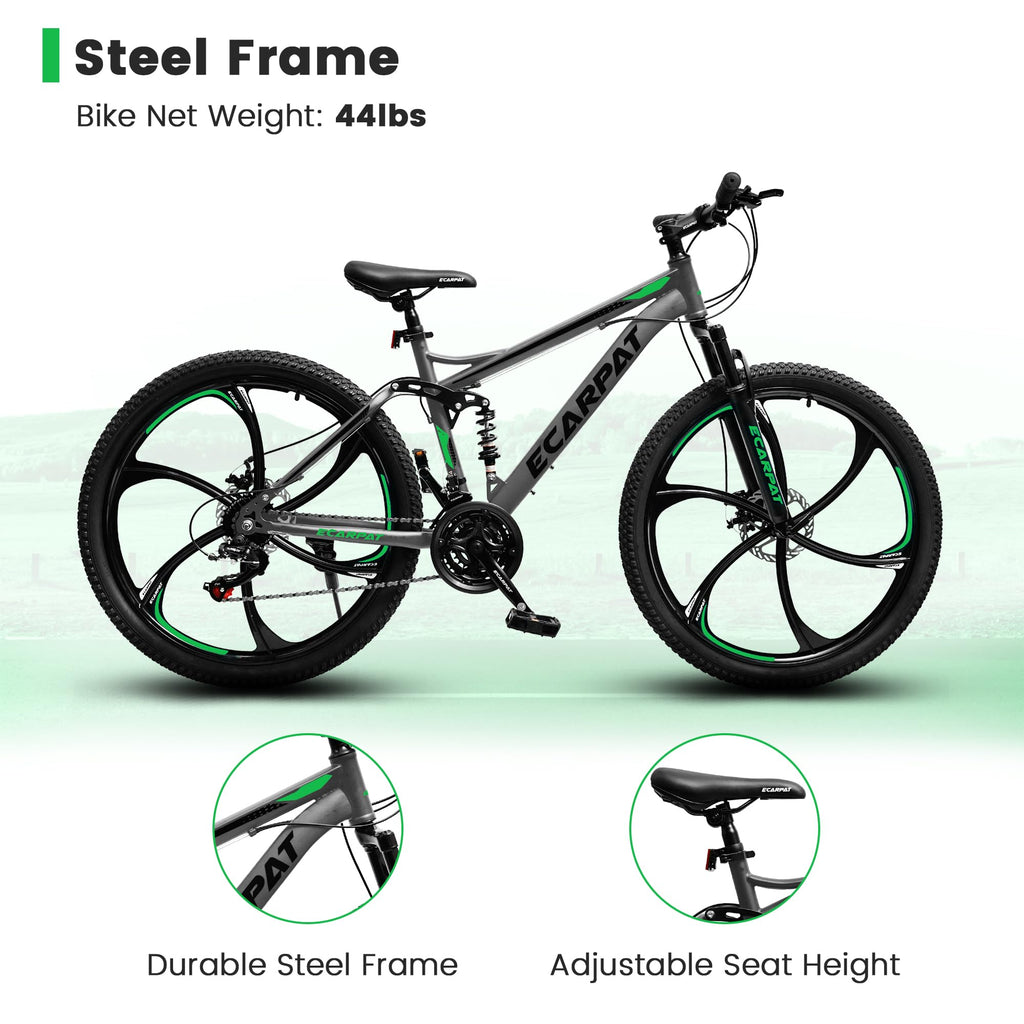 Ecarpat Full Suspension Mountain Bike 26 Inch Wheel, 21 Speed Mountain Bicycle with High-Carbon Steel and Dual Disc Brakes, Outdoor Cycling MTB Bike for Men Adult, Gray