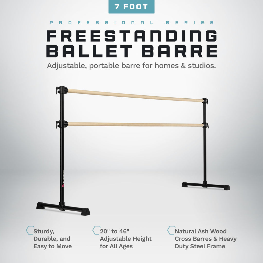 VITA Barre Portable Freestanding Double Ballet Barre, Professional, 7 Ft Bars, Black, Wood | Adjustable Height, Made in USA, Home or Gym Exercise Equipment for Kids & Adults | Dance, Fitness, Pilates