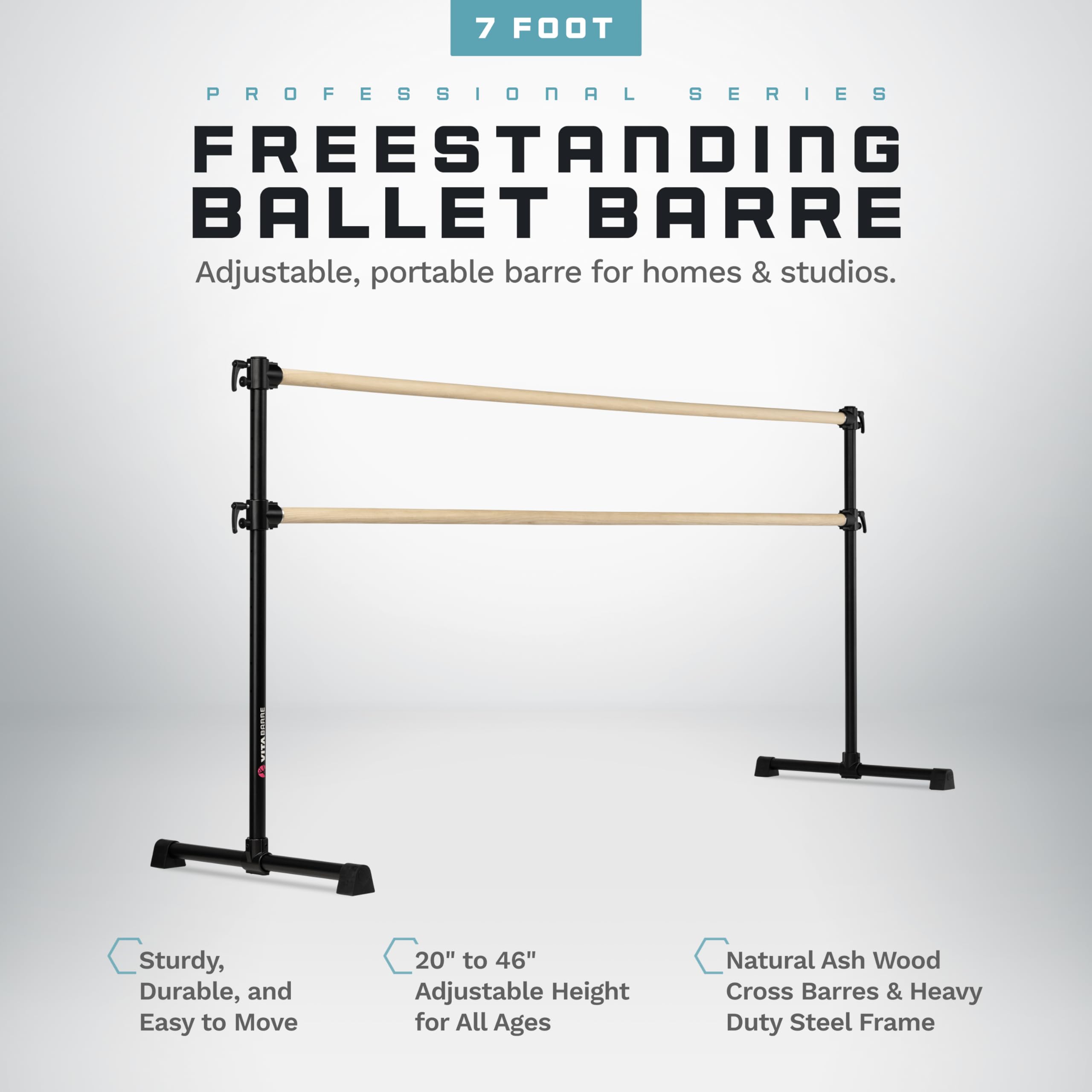 VITA Barre Portable Freestanding Double Ballet Barre, Professional, 7 Ft Bars, Black, Wood | Adjustable Height, Made in USA, Home or Gym Exercise Equipment for Kids & Adults | Dance, Fitness, Pilates