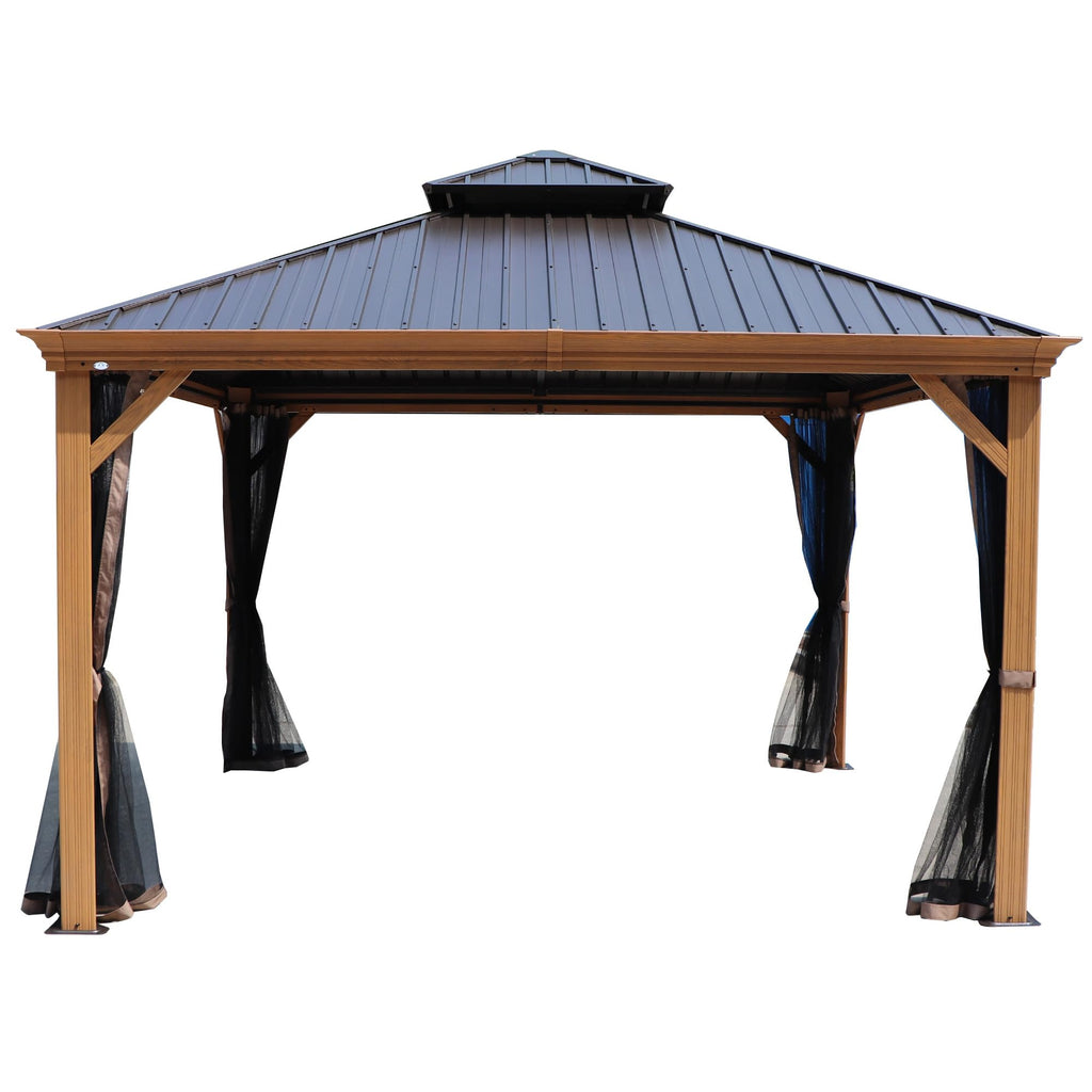 Kozyard Apollo 12’x12’ Hardtop Gazebo, Wooden Coated Aluminum Frame Canopy with Galvanized Steel Double Roof, Outdoor Permanent Metal Pavilion with Netting for Patio Lawn