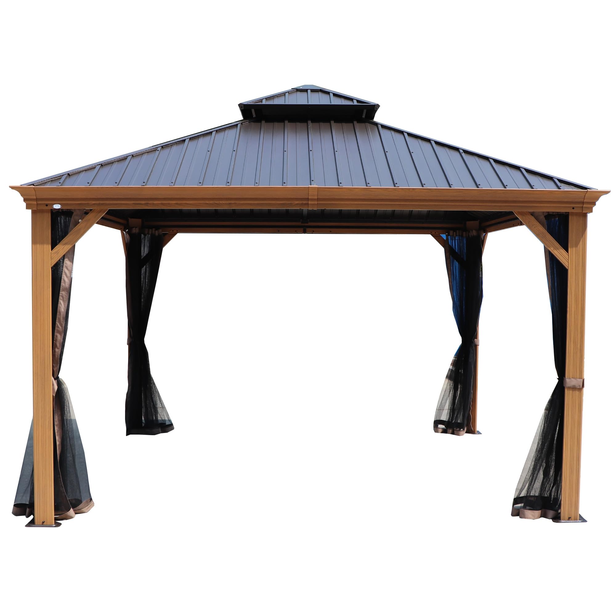 Kozyard Apollo 12’x12’ Hardtop Gazebo, Wooden Coated Aluminum Frame Canopy with Galvanized Steel Double Roof, Outdoor Permanent Metal Pavilion with Netting for Patio Lawn