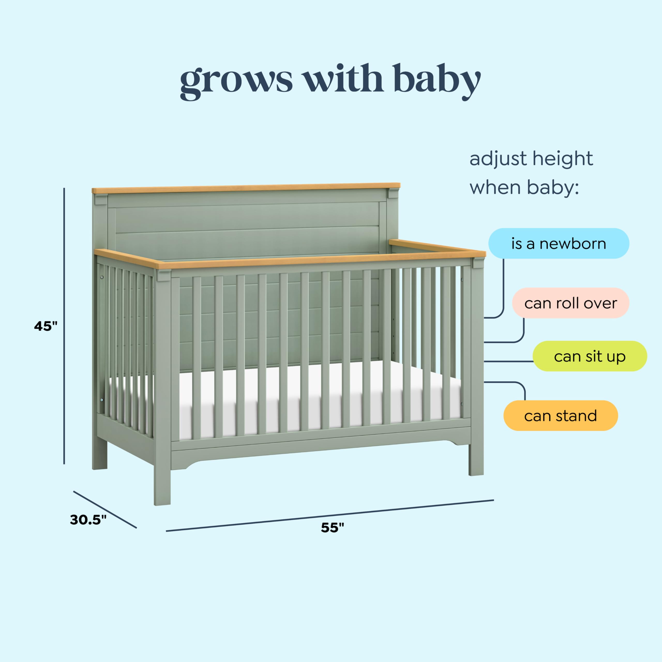 Davinci Shea 4-in-1 Convertible Crib in Light Sage and Honey, Greenguard Gold and FSC® Certified