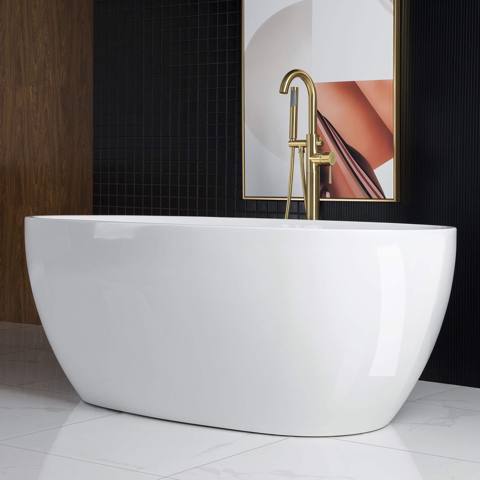 WOODBRIDGE 67" Acrylic Freestanding Bathtub Contemporary Soaking Tub, White Acrylic(Brushed Gold Drain/Overflow),BTA1528-BG