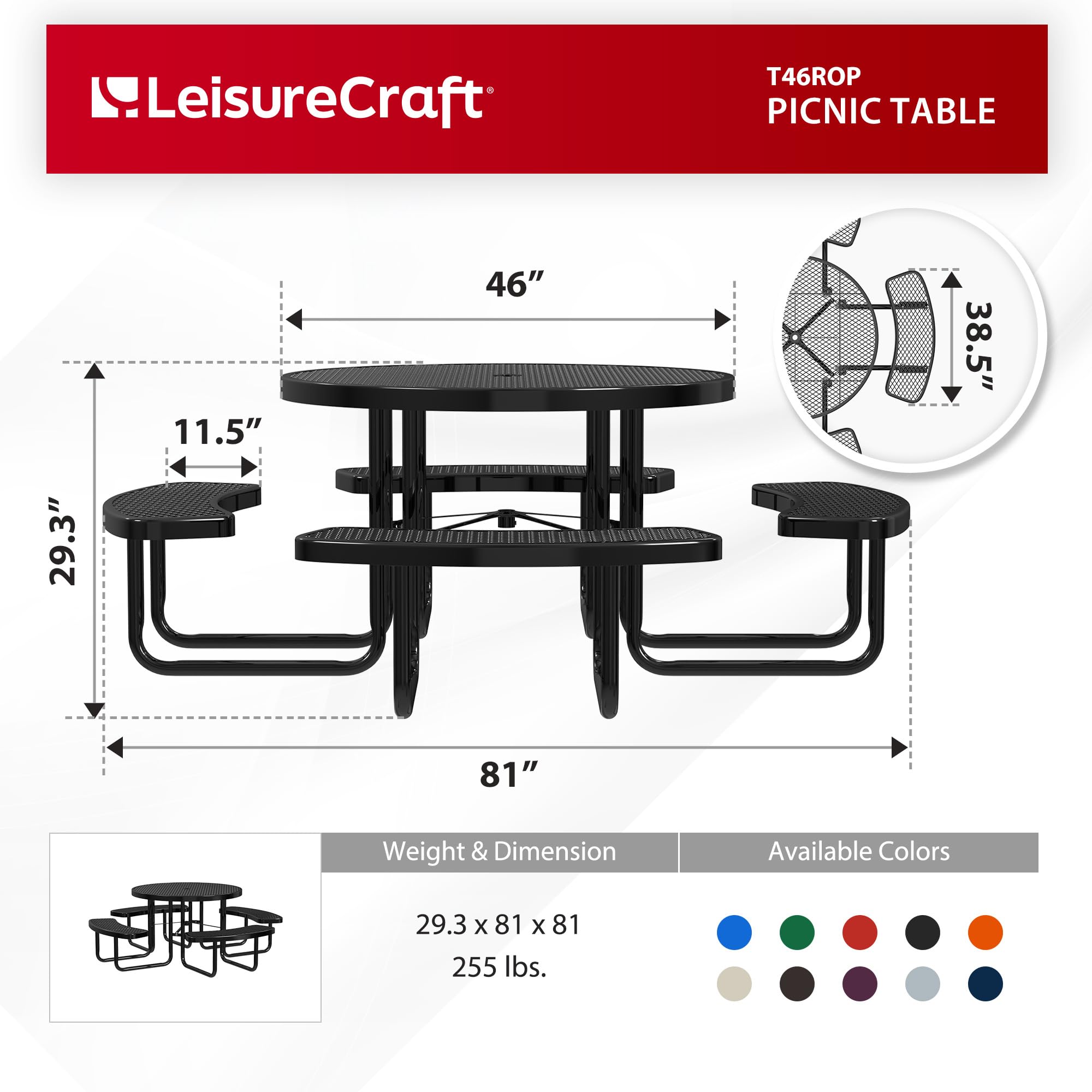 Leisure Craft Metal Picnic Table with Bench - 46" Round Outdoor Dining Table for 8 with Umbrella Hole, Weatherproof Heavy Duty Thermoplastic Coating, Commercial Grade Furniture Made in USA - Black