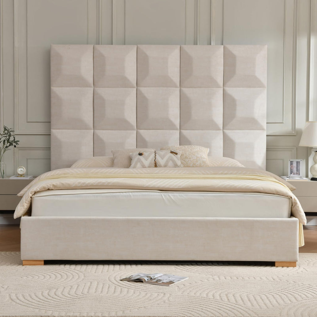 YUHUASHI King Size Bed Frame with 71.5-inch high headboard with Oversized Storage Drawers, Wood Slat Supports, no Springs Required (Beige, King (U.S. Standard))