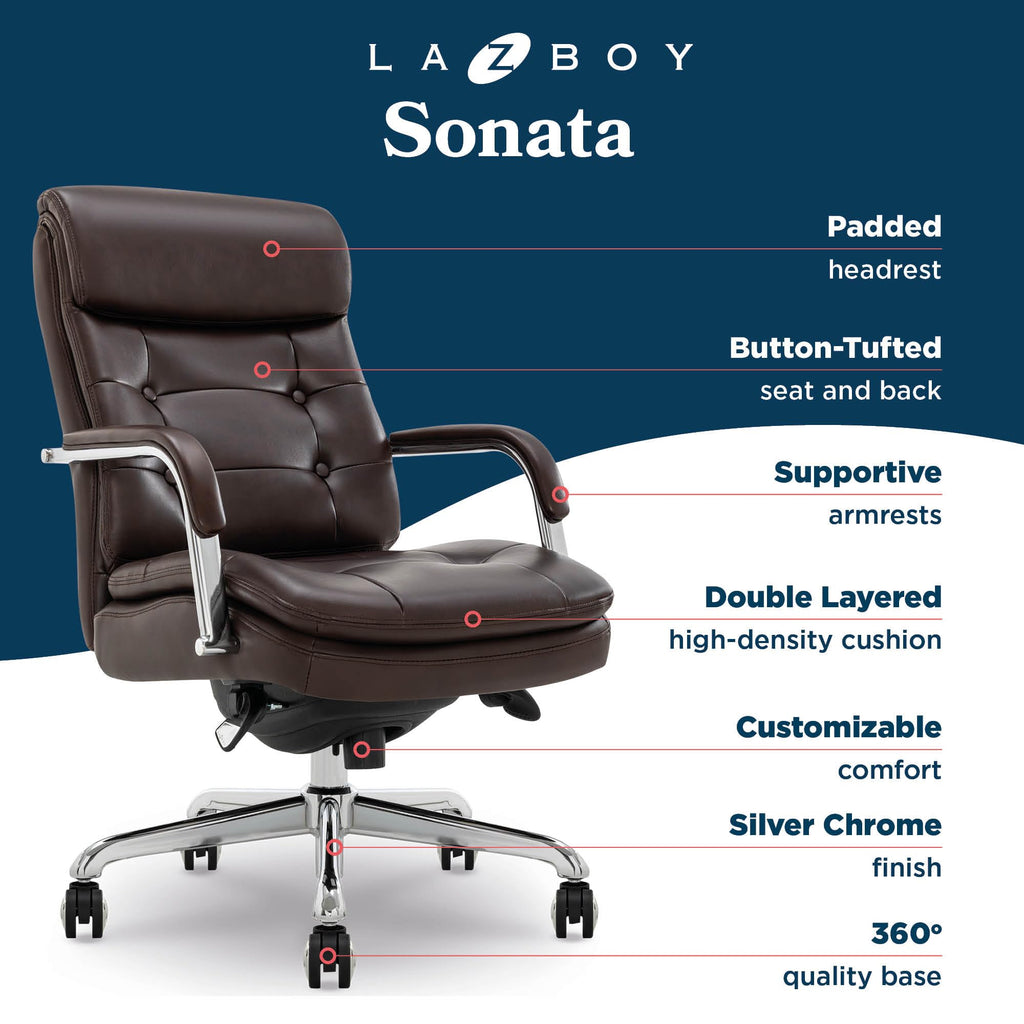 La-Z-Boy Sonata Executive Mid-Back Office Chair, Button-Tufted Seat and Back, Double-Layer Cushion, Padded Armrests, Ergonomic Computer DeskChair, Swivel Metal Base, Bonded Leather, Dark Brown/Chrome
