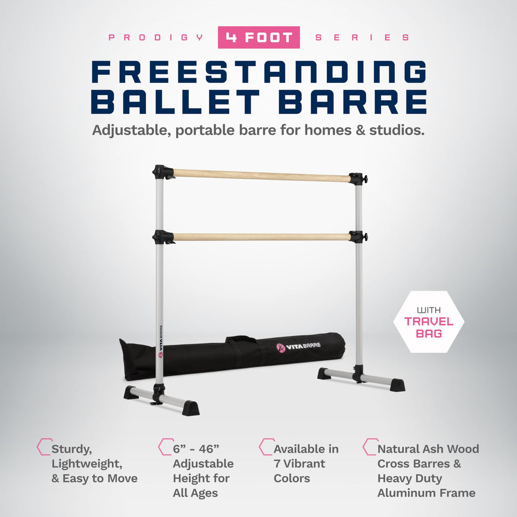 VITA Barre Portable Freestanding Double Ballet Barre, Prodigy, 4 Ft Bars, Satin Silver, with Bag | Adjustable Height, USA Made, Home or Gym Exercise Equipment for All Ages | Dance, Fitness, Pilates