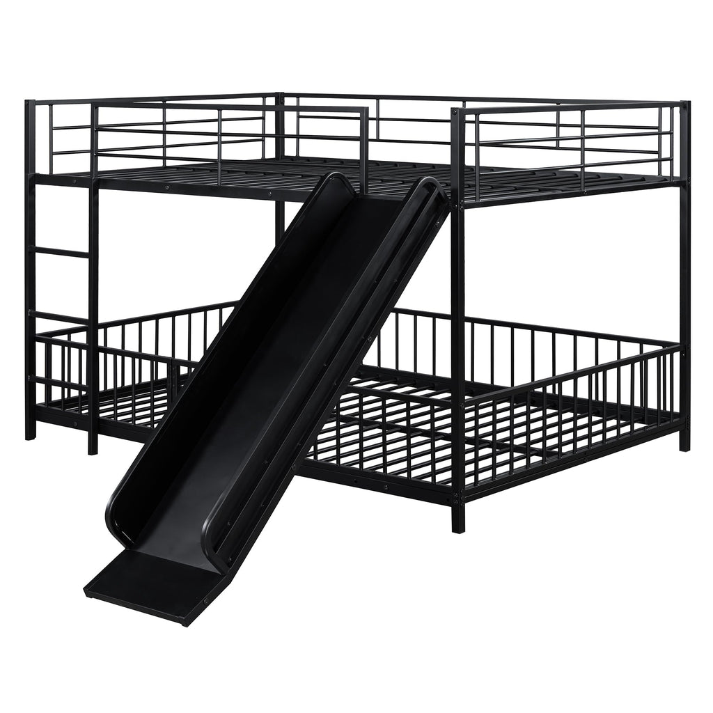 Bellemave Full Over Full Bunk Bed with Slide and Ladder, Metal Low Bunk Bed for Kids, Girls, Boys, Removable Fence, with Door, Black
