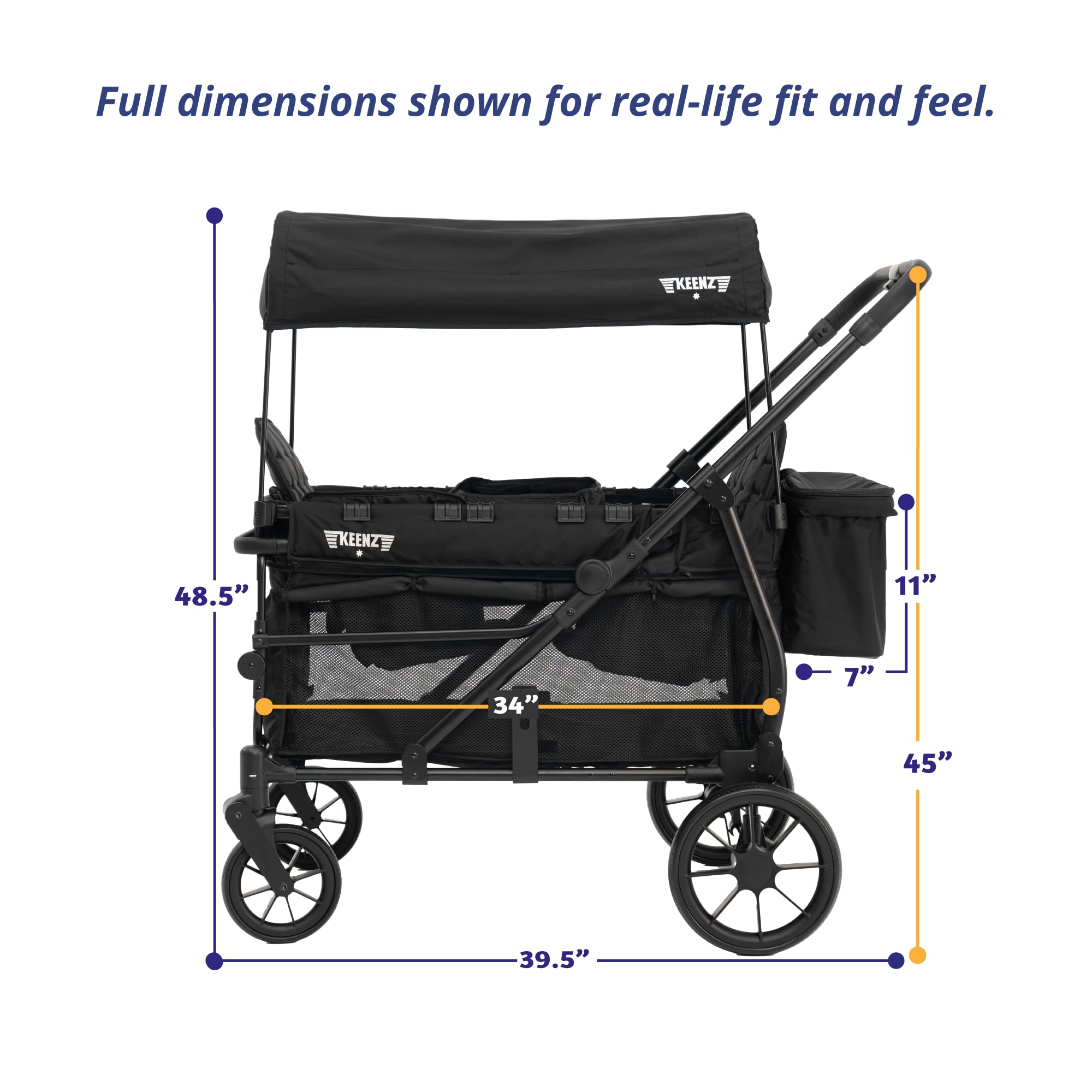 Keenz Viva 4-Passenger Compact Stroller Wagon for Kids with Foldable Frame, Push/Pull Handle, EVA Wheels, and Mosquito Net Canopy – Lightweight Wagon for Families, Black