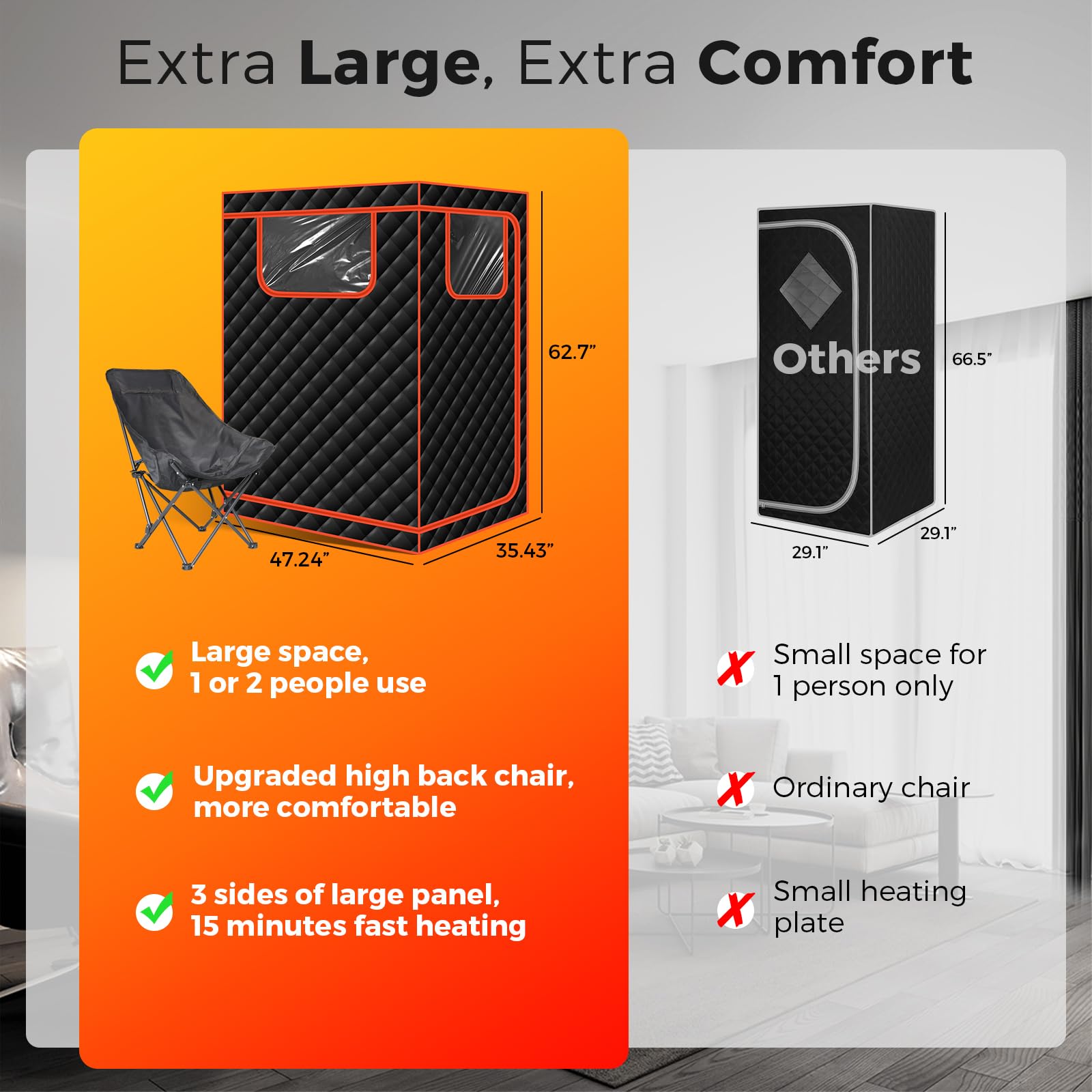 Smartmak Portable Infrared Sauna, 1-2 Person Oversize Infrared Sauna Box, Personal Indoor Home Dry Sauna Tent, with Adjustable Folding Chair, Remote Control, LED Light