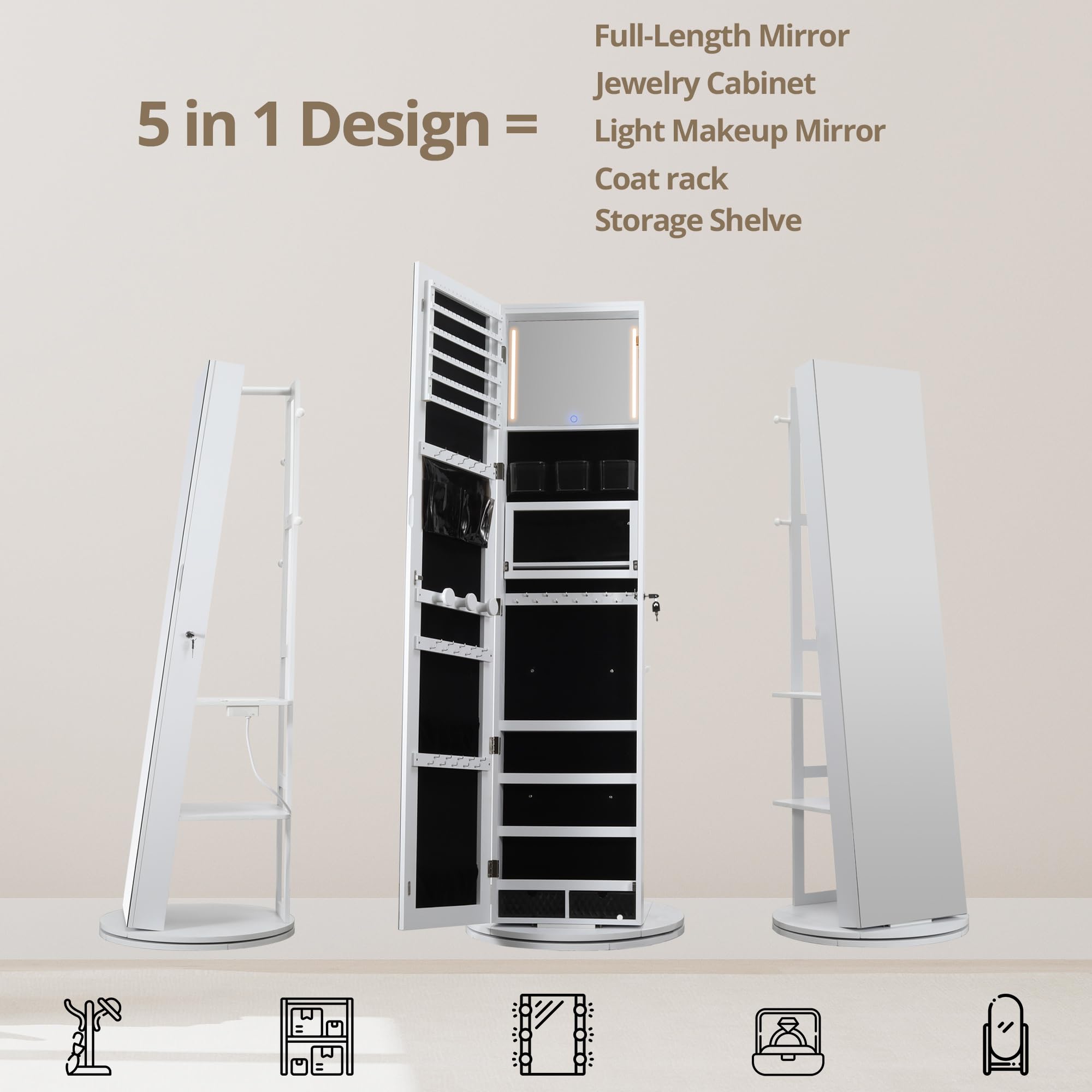 IRONCK 360° Swivel Mirrored Jewelry Cabinet with Full-Length Mirror, Charging Station, Lockable Standing Jewelry Organizer with Rear Storage Shelves, Interior Mirror, LED Lights, White