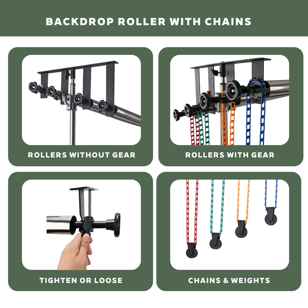 TENBEST Photography Backdrop Roller Support System, 4 Rollers, 120-inch Stainless Steel Crossbars, Wall/Celing/Light Stand Backdrop Mount, Background Support