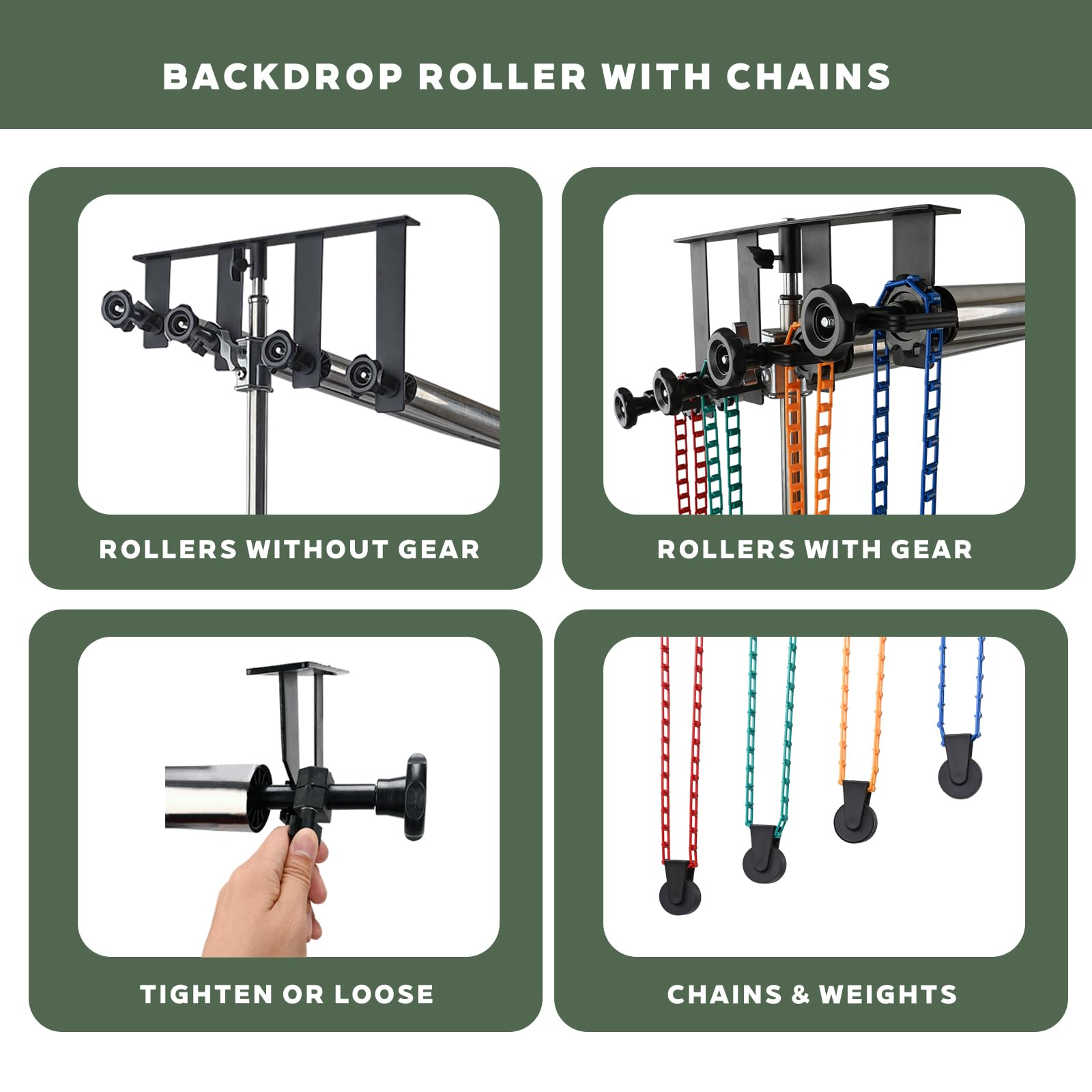 TENBEST Photography Backdrop Roller Support System, 4 Rollers, 120-inch Stainless Steel Crossbars, Wall/Celing/Light Stand Backdrop Mount, Background Support