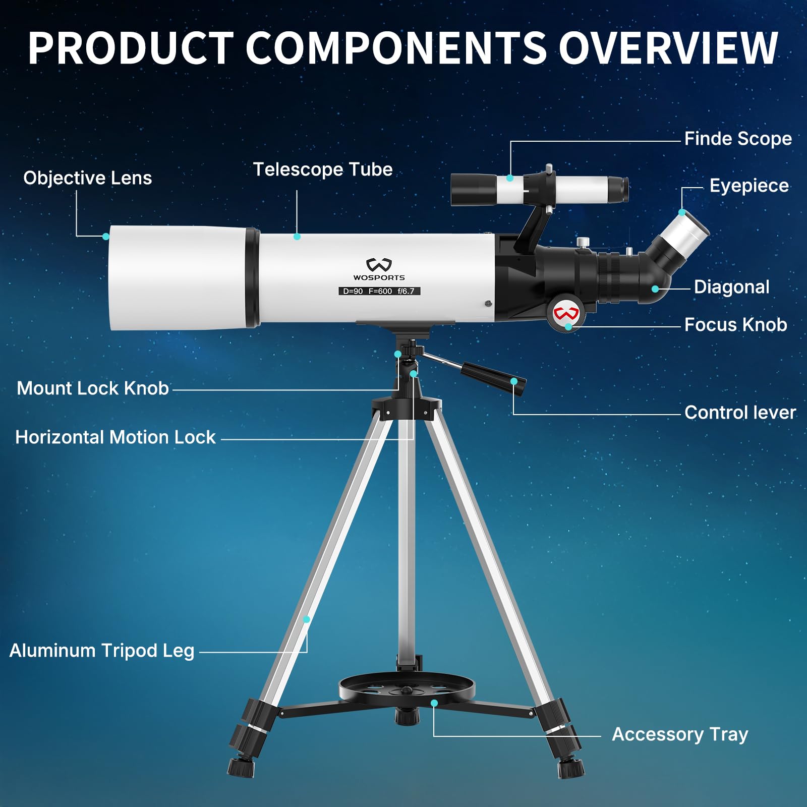 WOSPORTS Telescope for Adults High Powered, 90mm Aperture 600mm Astronomy Portable Professional Refractor Telescope for Beginners, Magnification 180X, with Adjustable Tripod, Phone Adapter, Carry Bag