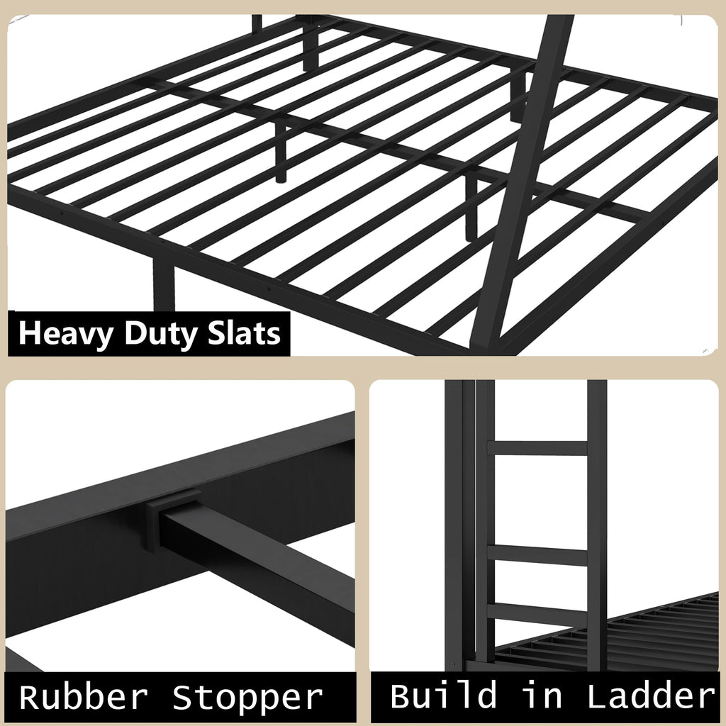 Bellemave Queen Over King Bunk Bed for Adults, Queen Over King Bunk Beds Frame with 2 Side Ladder and Full Length Guardrail, Easy Assemble Bunkbeds, Noise Reduced, Mattress Not Included, Black