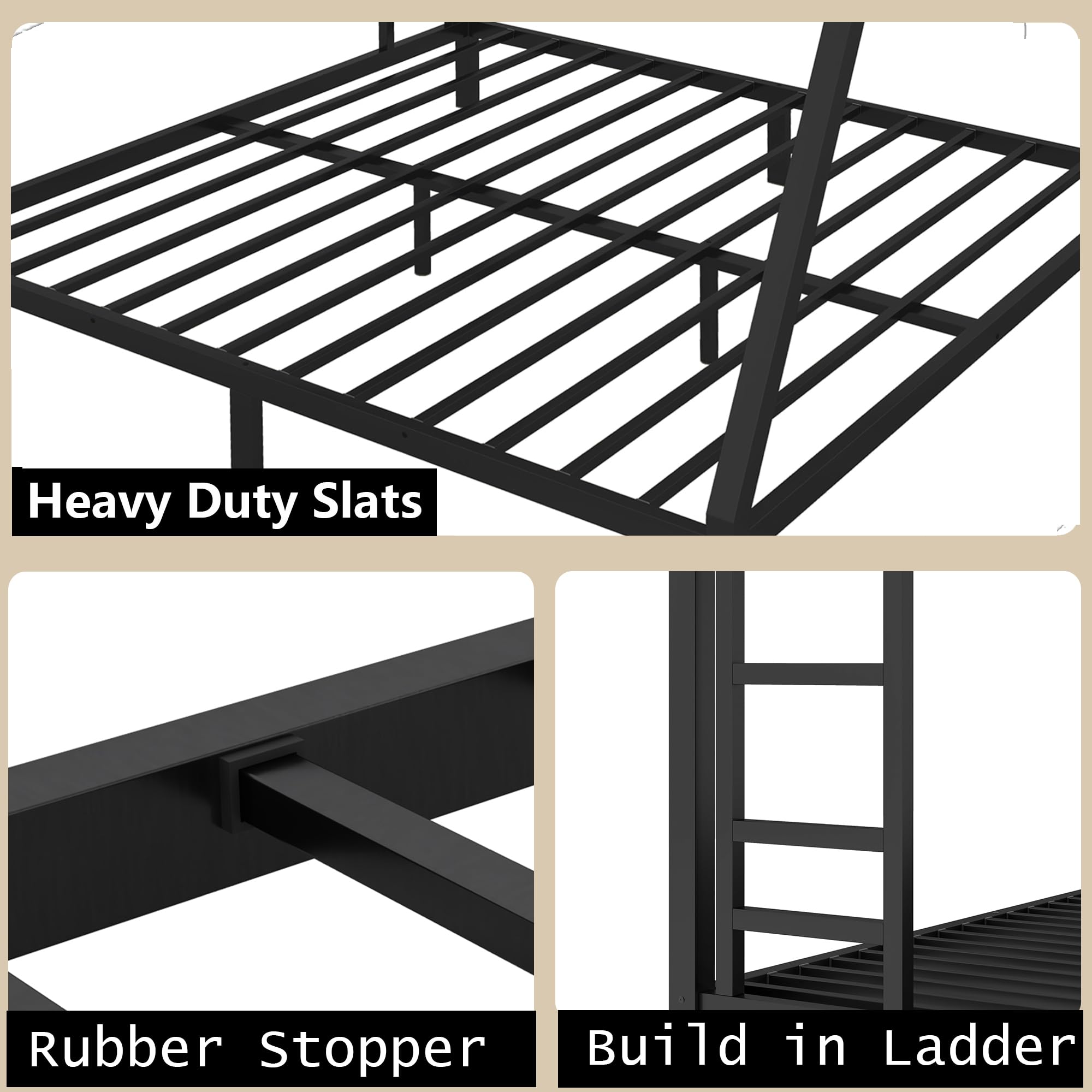 Bellemave Queen Over King Bunk Bed for Adults, Queen Over King Bunk Beds Frame with 2 Side Ladder and Full Length Guardrail, Easy Assemble Bunkbeds, Noise Reduced, Mattress Not Included, Black