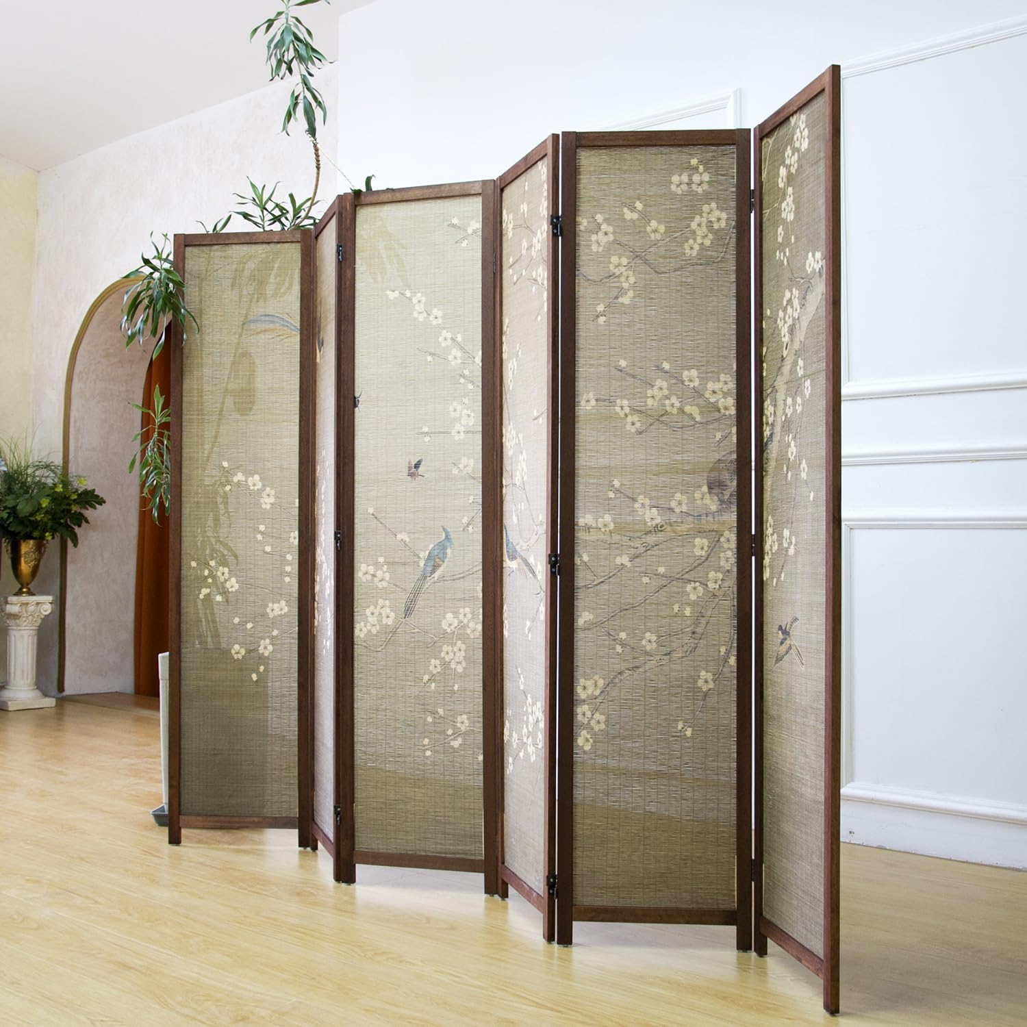 Furnnylane 6 Panel Bamboo Room Divider for Room Separation, 5.6 ft Tall Double-Sided Folding Privacy Screen with Premium Thickened Wood Frame, White Plum and Birds (67" H x 94.5" W)