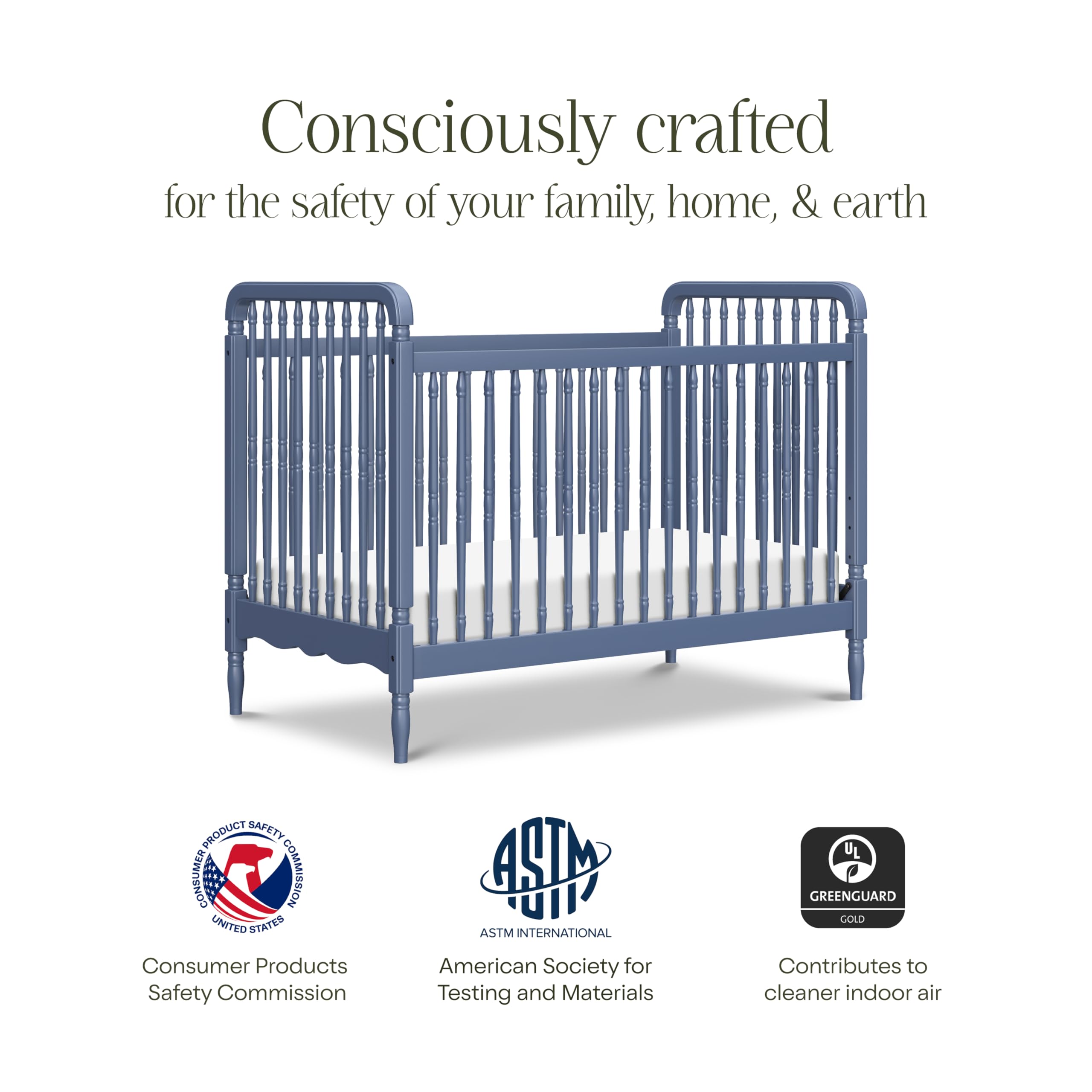 Namesake Liberty 3-in-1 Convertible Baby Crib - Greengurad Gold Certified - Wooden Convertible Baby Crib to Toddler Bed, Daybed - Durable & Easy to Assemble, 4 Adjustable Mattress Heights - Cove Blue