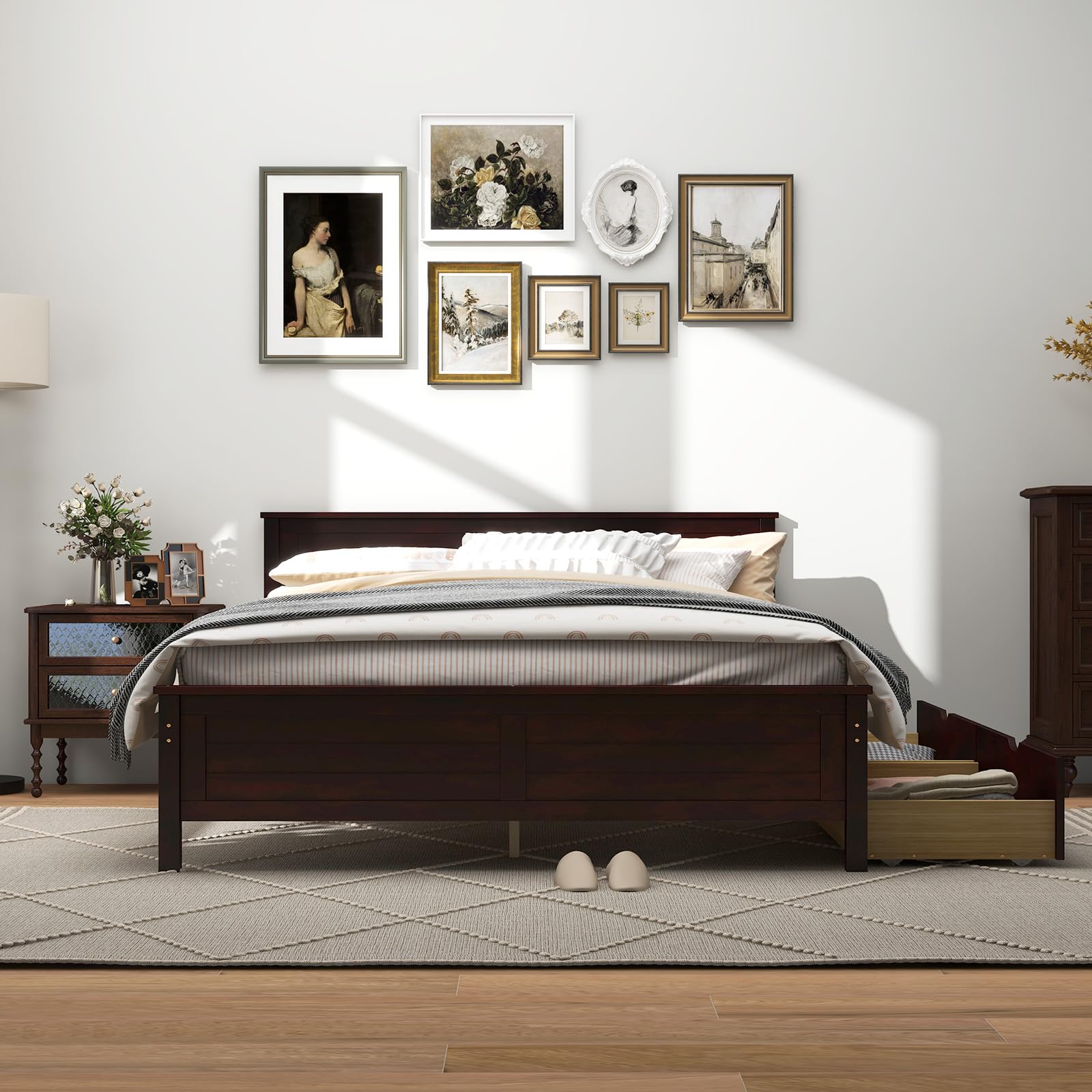 GOFLAME Full Size Bed Frame with 2 Drawers, Platform Bed with Solid Wood Headboard & Footboard, Wood Slats Support Mattress Foundation, Under Bed Storage, No Box Spring Needed, Easy Assembly, Espresso