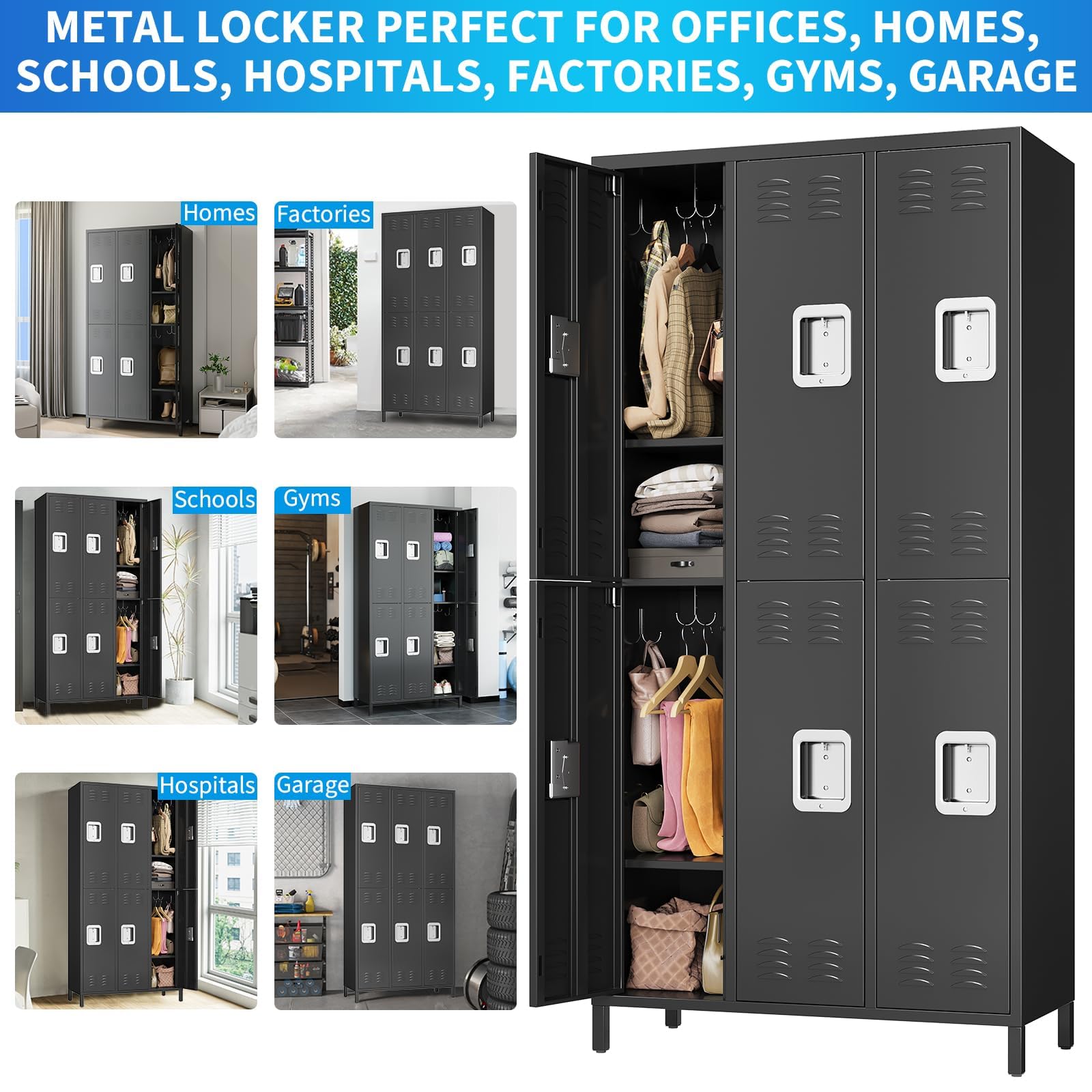 GarveeHome Metal Storage Locker with 6 Doors, Metal Locker for Employees with 18 Hooks for Garage School Office Gym Home, Assembly Required, Black