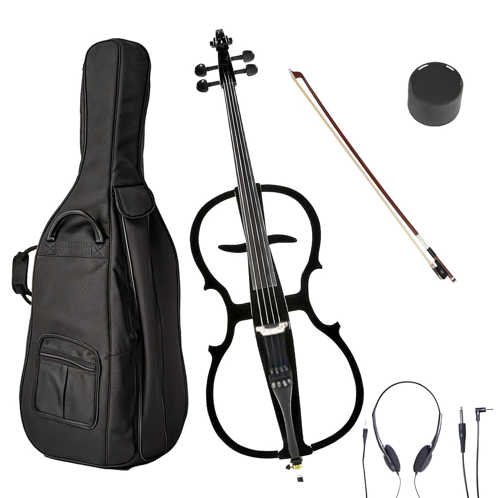 Verahaus Electric Cello 4/4 Full Size Ebony Fittings with Lightweight Cello Bag, Headphones, Bow, Bridge, Rosin, Cello for Beginners Adults(Metallic Black)