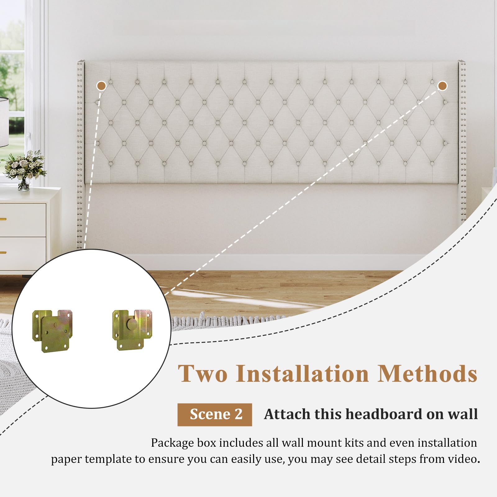 Furpopup King Size Headboard Only, Wingback Wall Mount Headboard King Size for Adjustable Bed Featuring High-Density Sponge Padding, Luxury Texture Easy Assembly Comfort and Style, Ivory