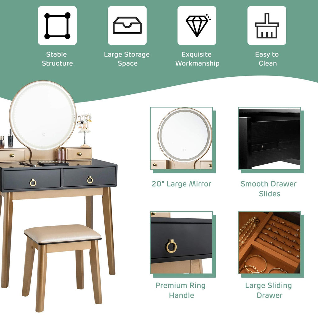 FANTASK Vanity Table Set, LED Lighted Makeup Table w/ 3 Color Round Lighting Mirror Touch Screen 4 Drawers, Makeup Dressing Table w/Cushioned Stool for Bedroom (Black)