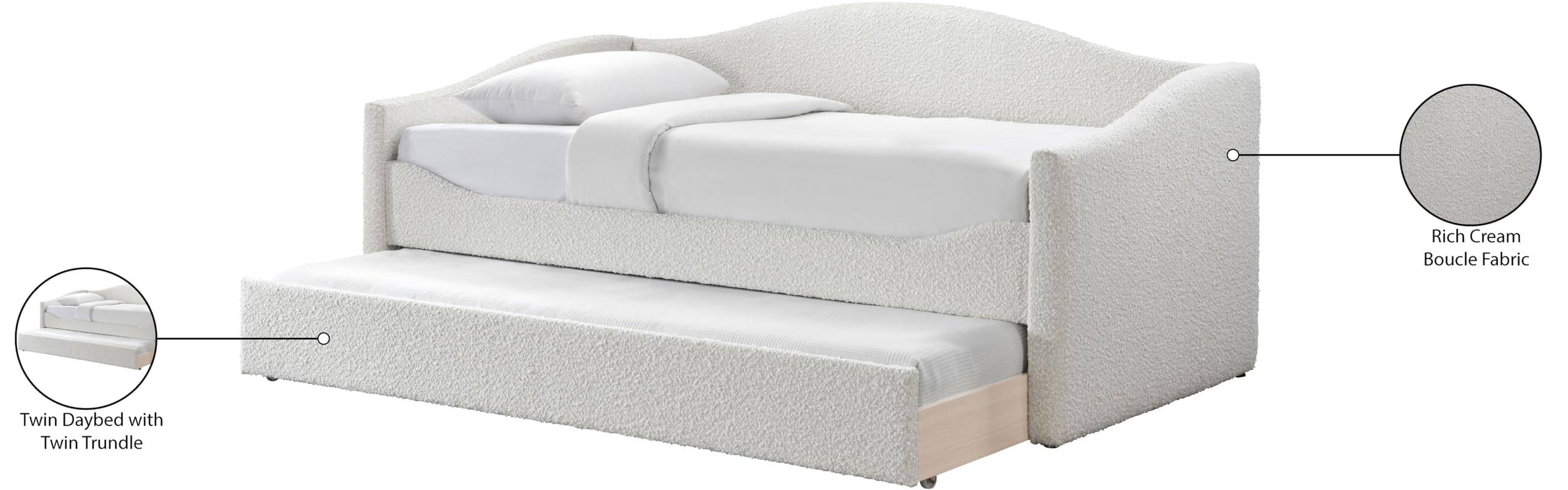 Meridian Furniture ArloCream-T Arlo Collection Modern | Contemporary Twin Daybed with Rich Cream Boucle Fabric, Twin Trundle, 82.5" W x 43.5" D x 32" H, Cream