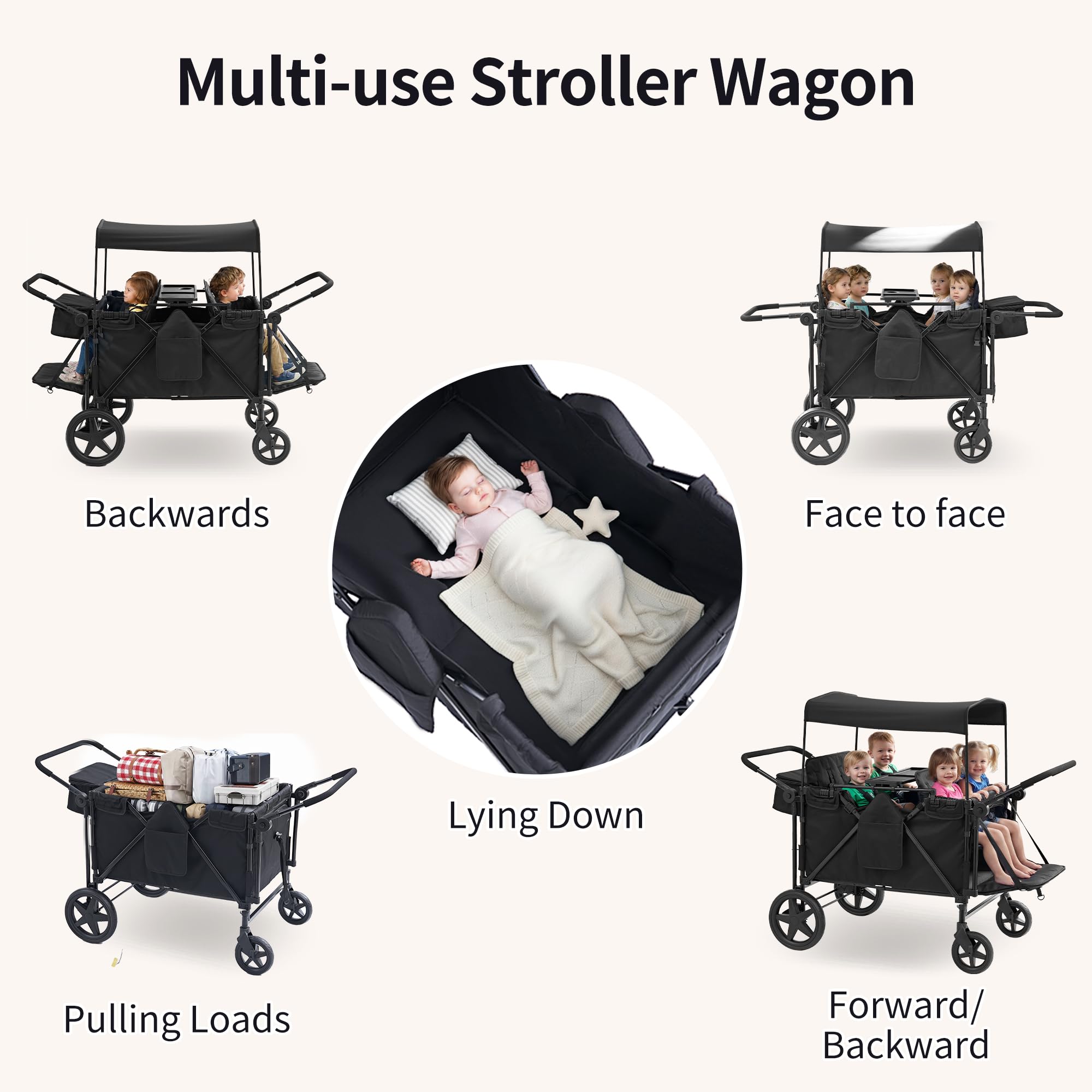 Stroller Wagon for 4 Kids, 4 Seater Wagon Stroller with Convertible Seats Footrests, Snack Tray, Storage Bag, Removable Canopy, Wagon Stroller 4 Seater with Double Push Handle (Black-Convertible)