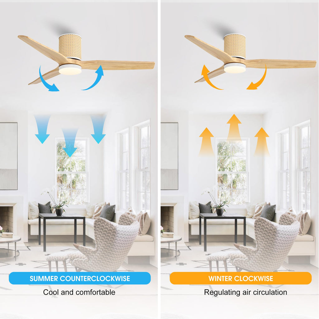 LEDLUX 52" Ceiling Fan with Light - Low Profile Flush Mount Ceiling Fan, 6-Speed Remote Control, Solid Wood, Quiet Reversible DC Motor, Wood/White Finish, for Bedroom, Living Room, Porch
